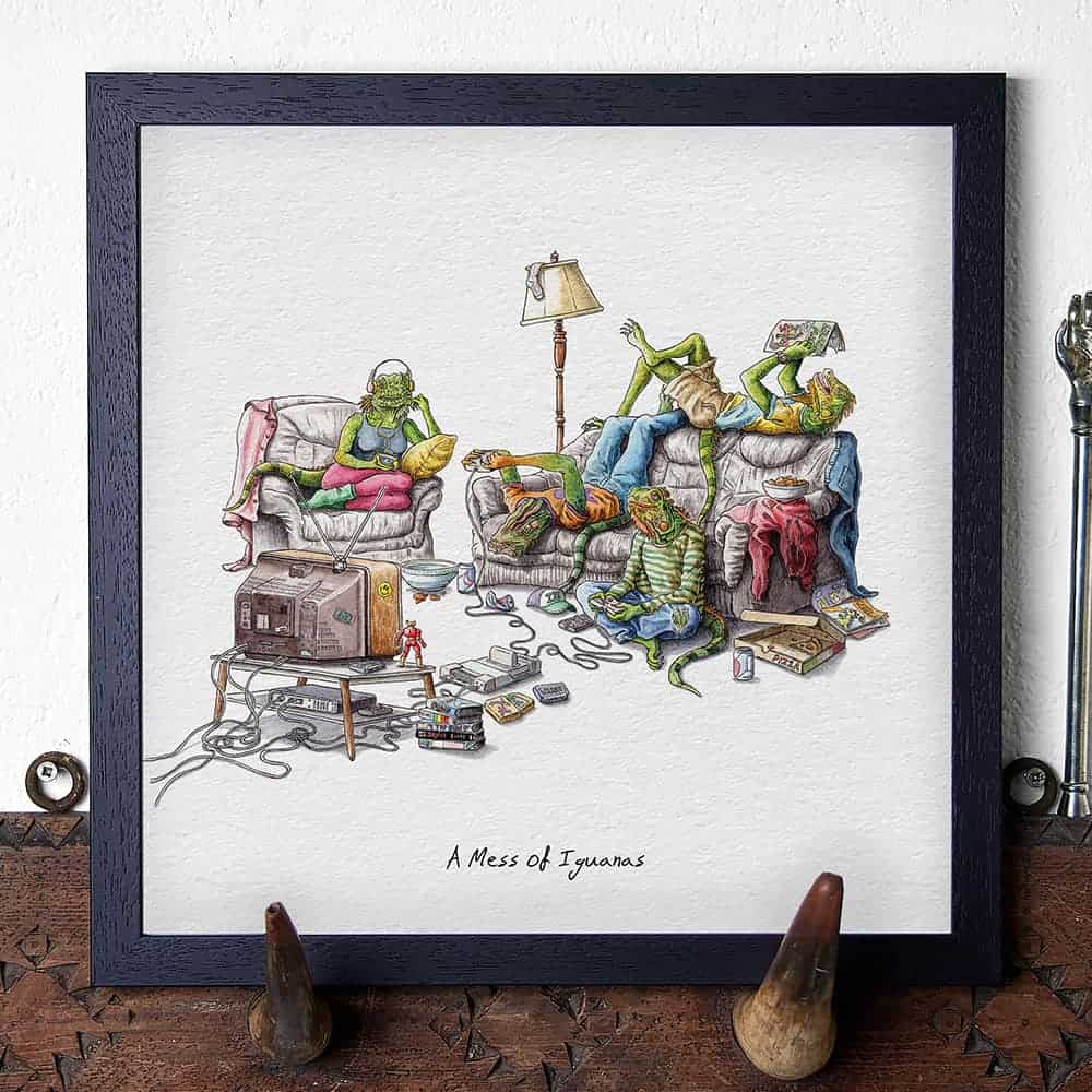 Framed artwork of green characters in a messy room with various objects.