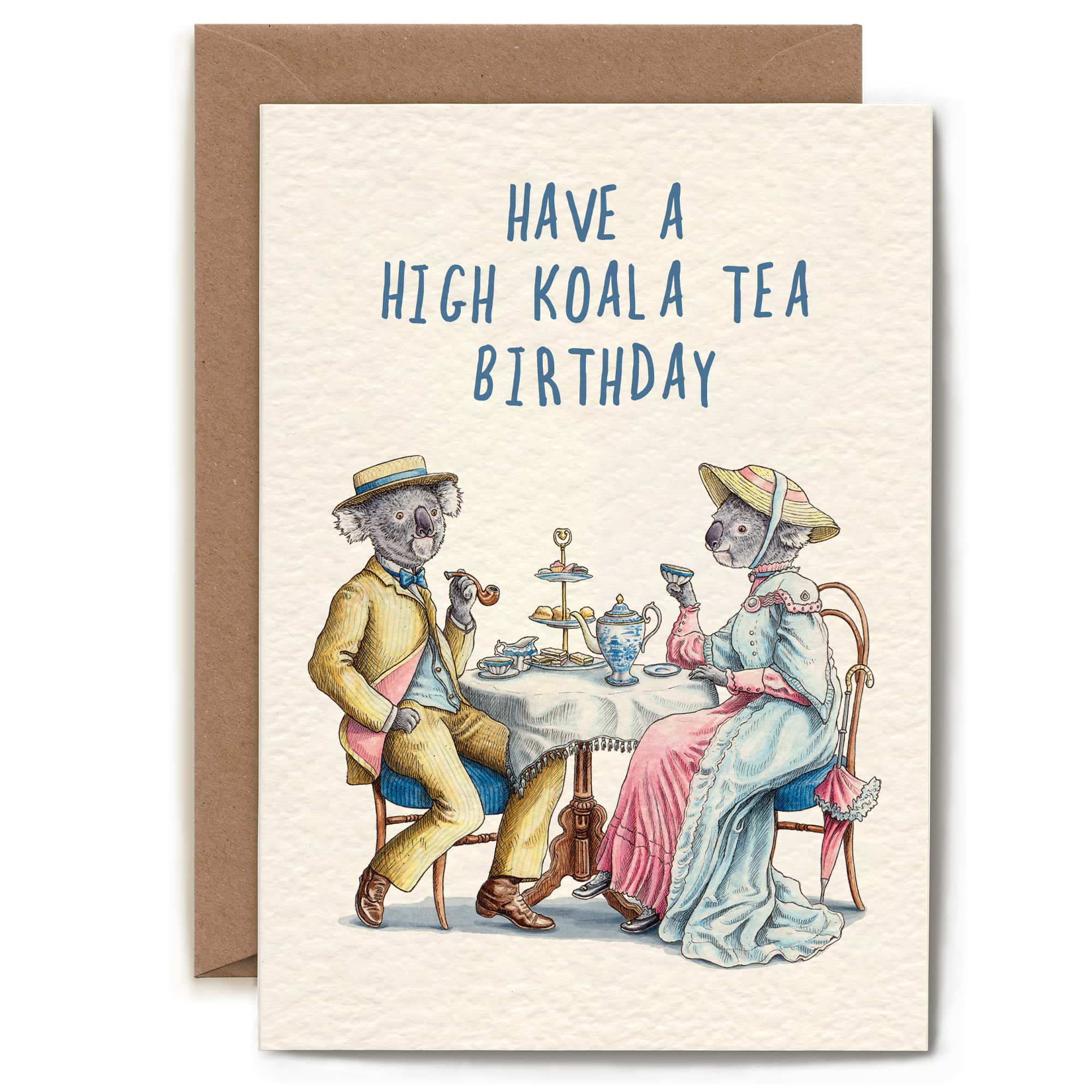 Birthday card with koala couple at a tea party and text 'Have a High Koala Tea Birthday'.