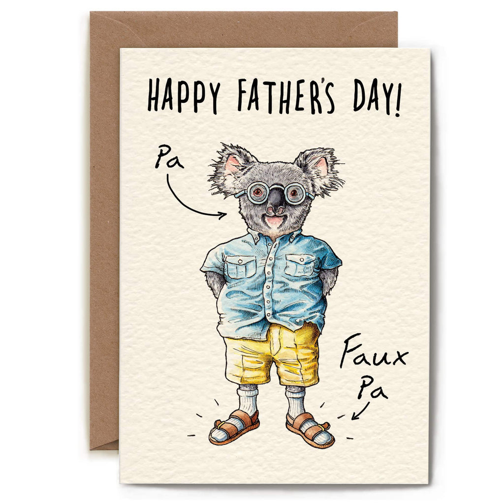 Father's Day card with a koala bear wearing sunglasses and shorts on a beige background.