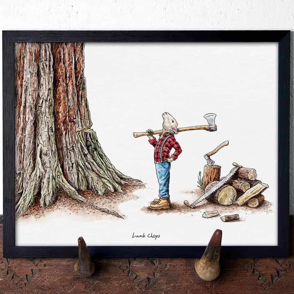 Illustration of a lamb in a red plaid shirt standing next to a tree and logs with axes, framed on a wooden surface.