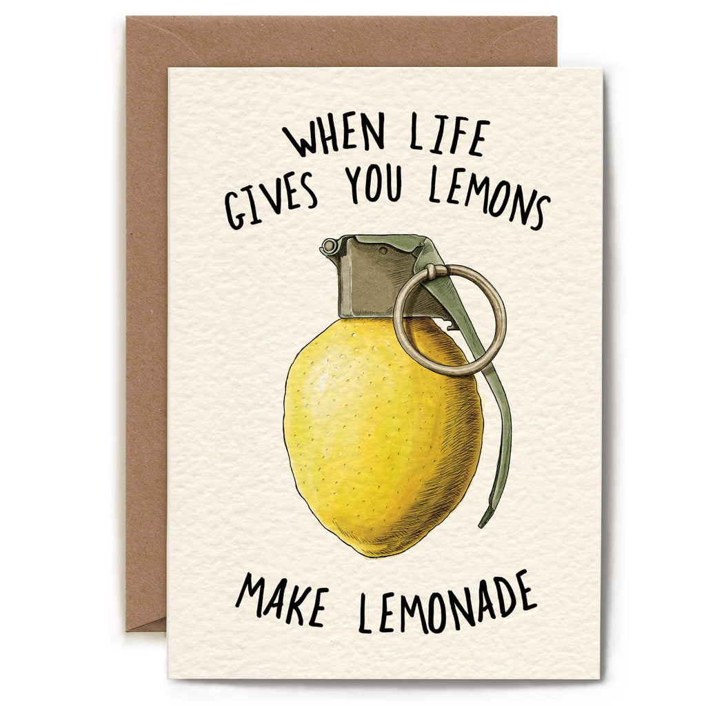 Card with a lemon-shaped grenade illustration and humorous text on a beige background.