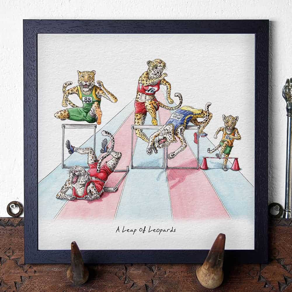 Framed illustration of leopards in a race on a white background