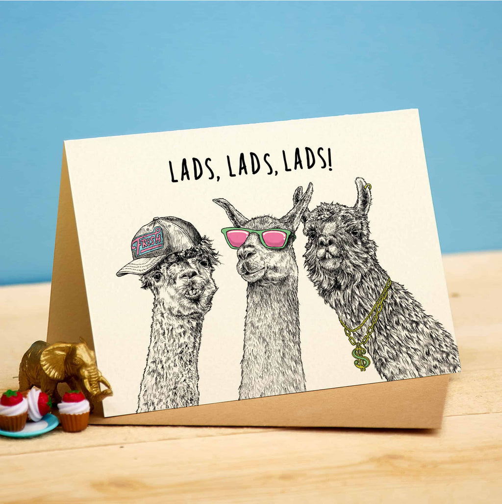 Card with three llamas wearing sunglasses and a cap on a wooden surface with a blue background