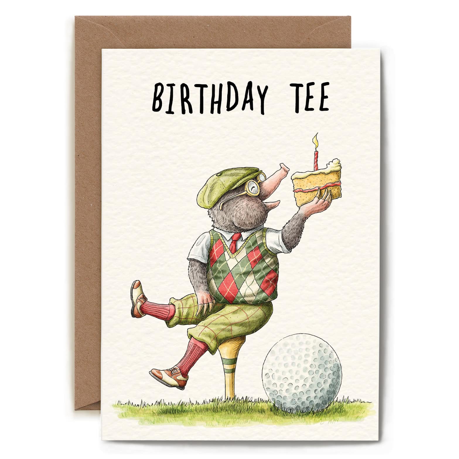 Birthday card with a cartoon character mole holding a cake and a golf ball on a white background