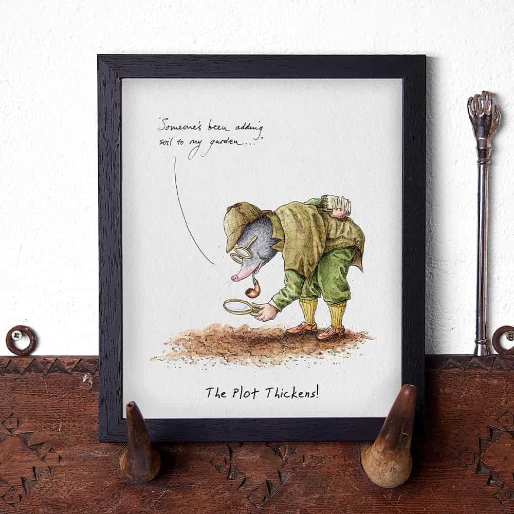 Illustration of a mole character in a green outfit with text on a white background