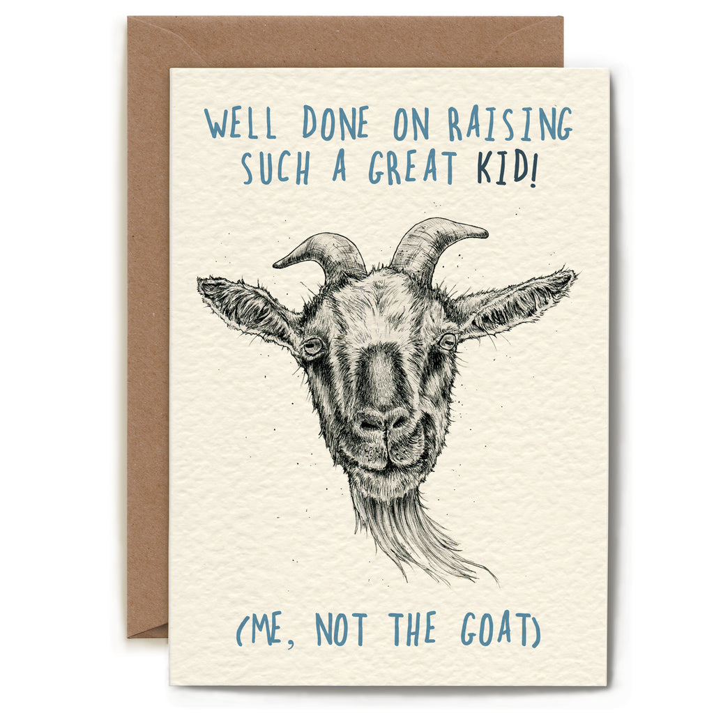 Greeting card with a goat illustration and humorous text on a white background