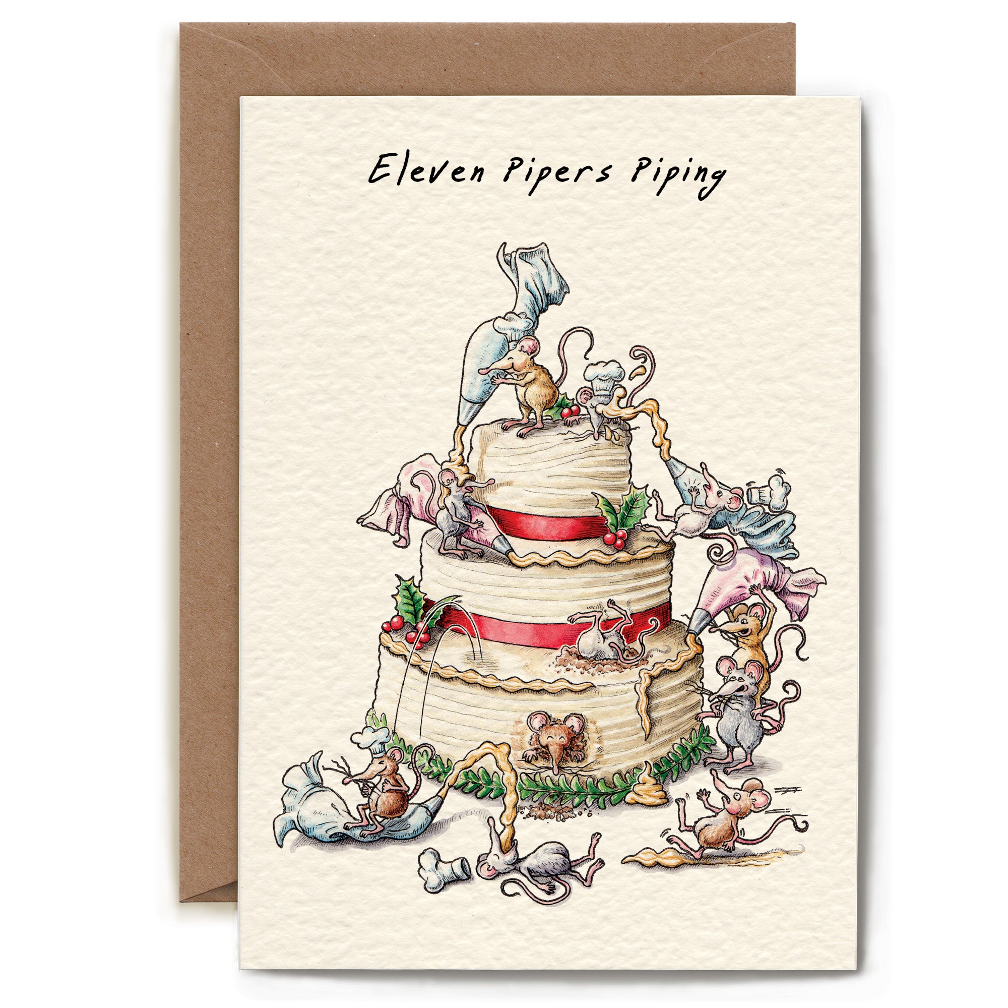 Card with a Christmas cake illustration and 'Eleven Pipers Piping' text.