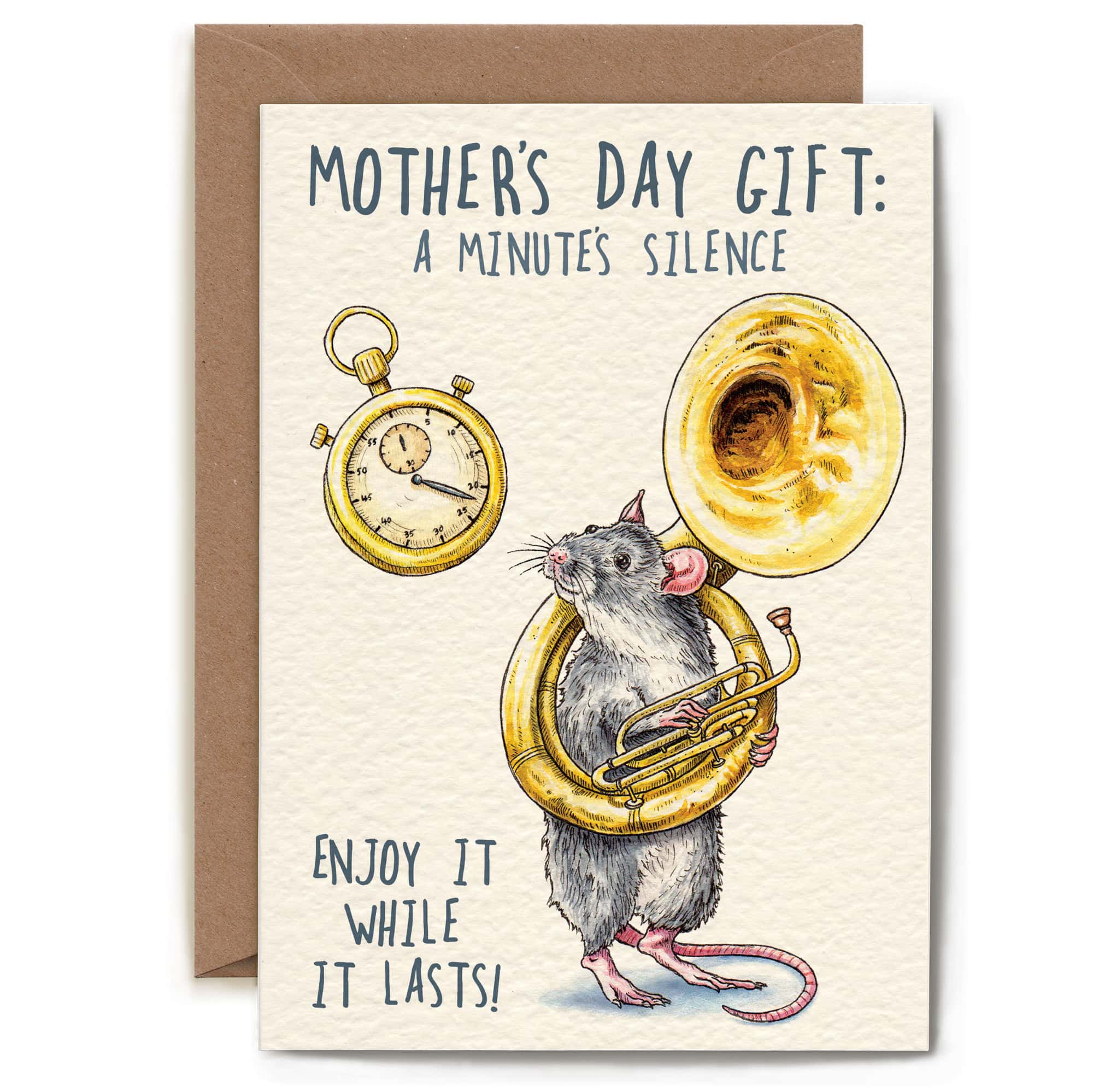 Mother's Day card with a mouse playing a trombone and a pocket watch, on a beige background.