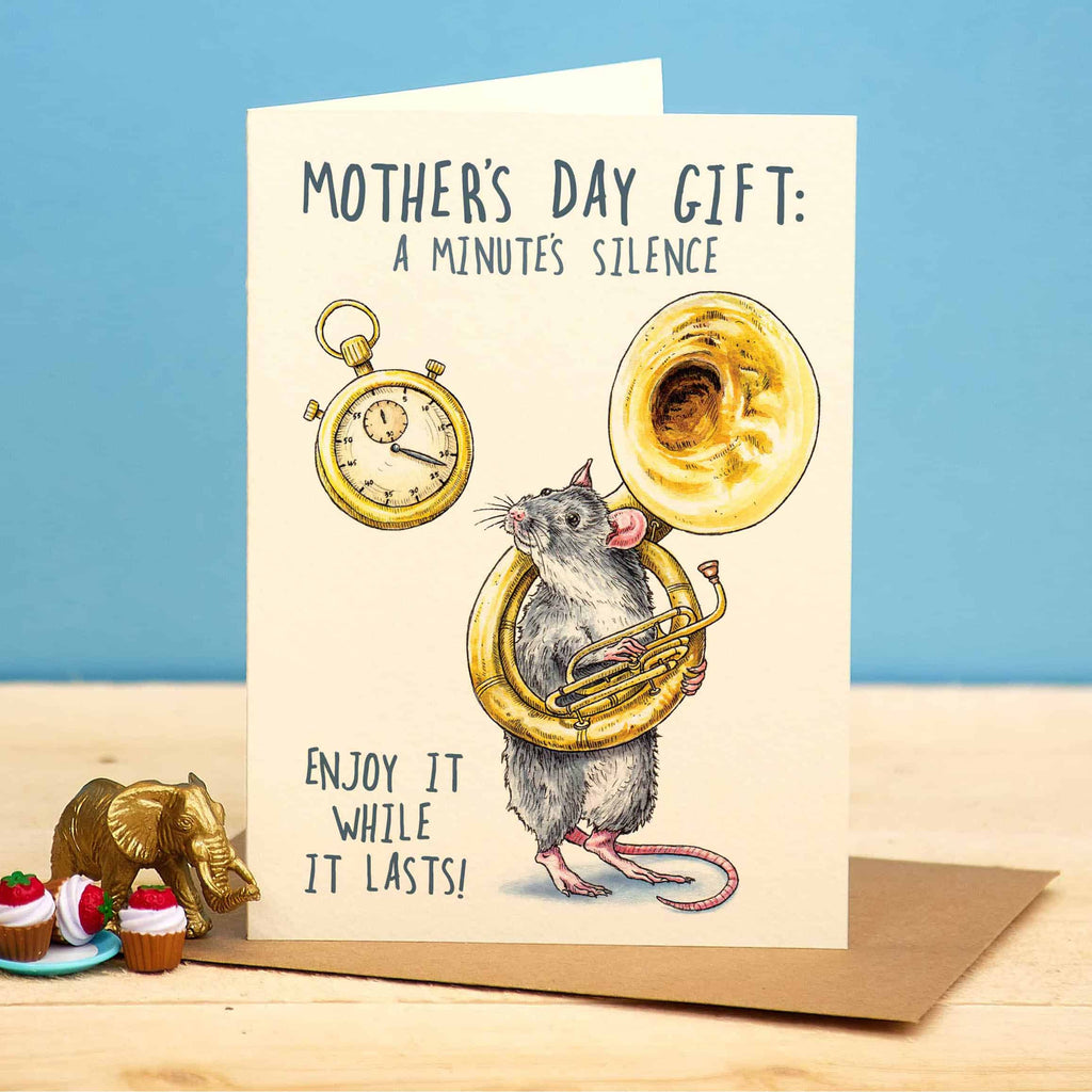 Mother's Day card with a mouse playing a tuba and text on a blue background
