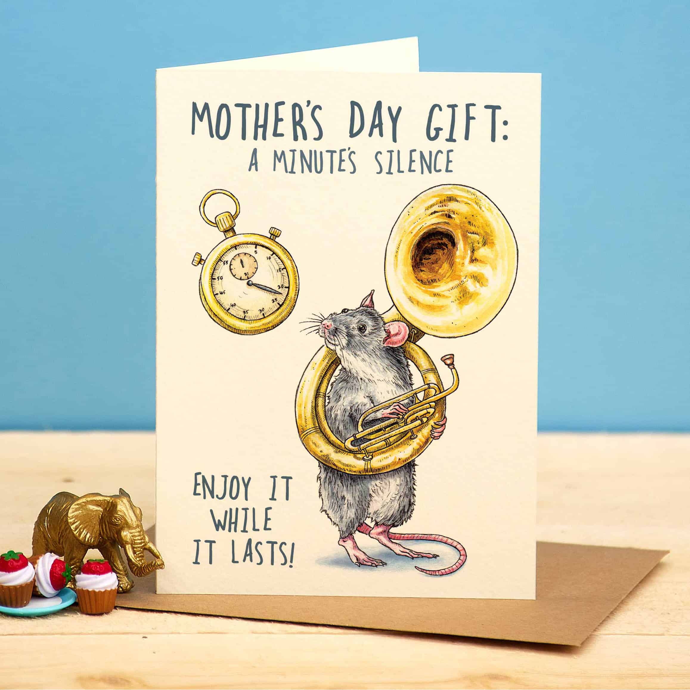 Mother's Day card with a mouse playing a tuba and text on a blue background