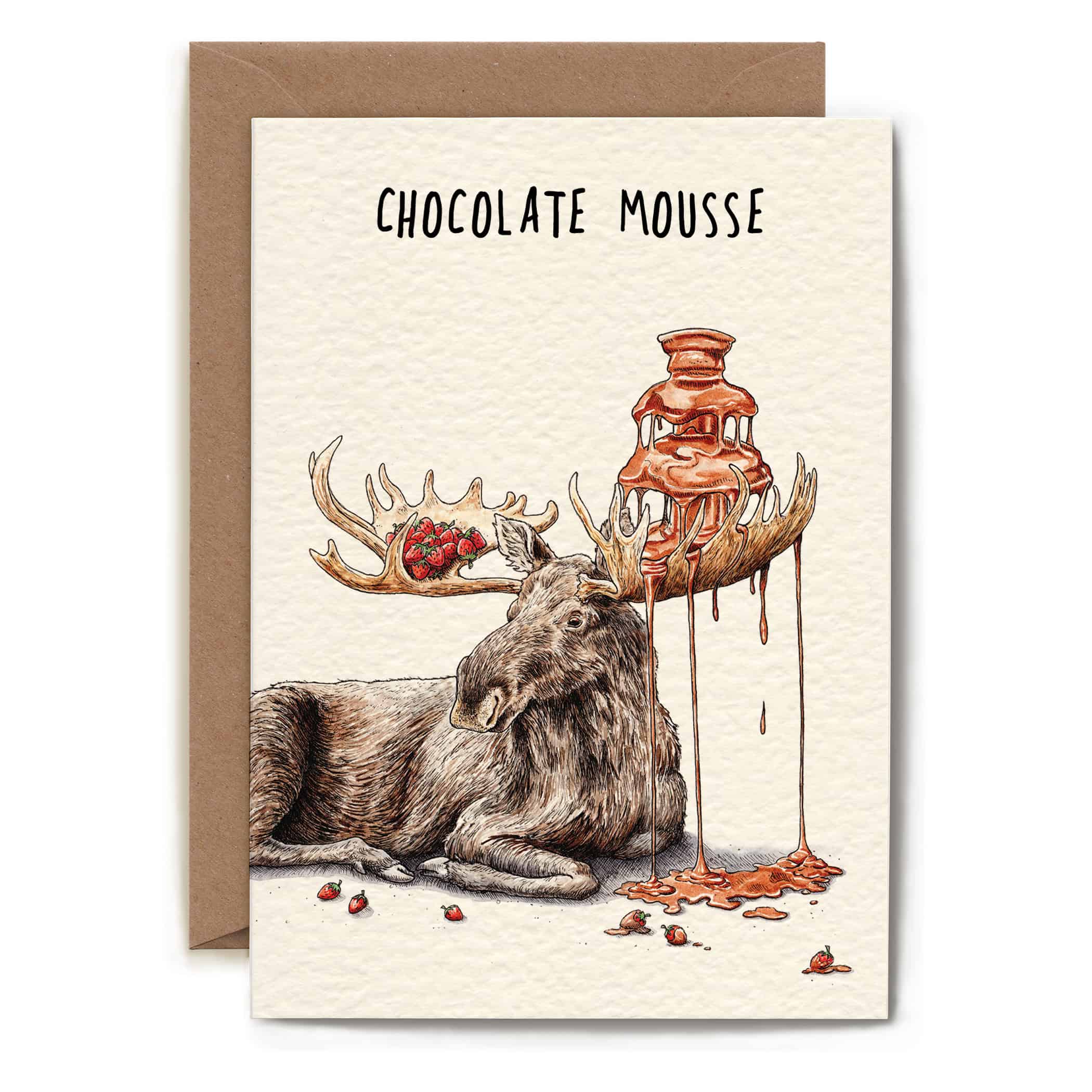 Card with a moose illustration and chocolate mousse design, featuring the text 'Chocolate Mousse'.