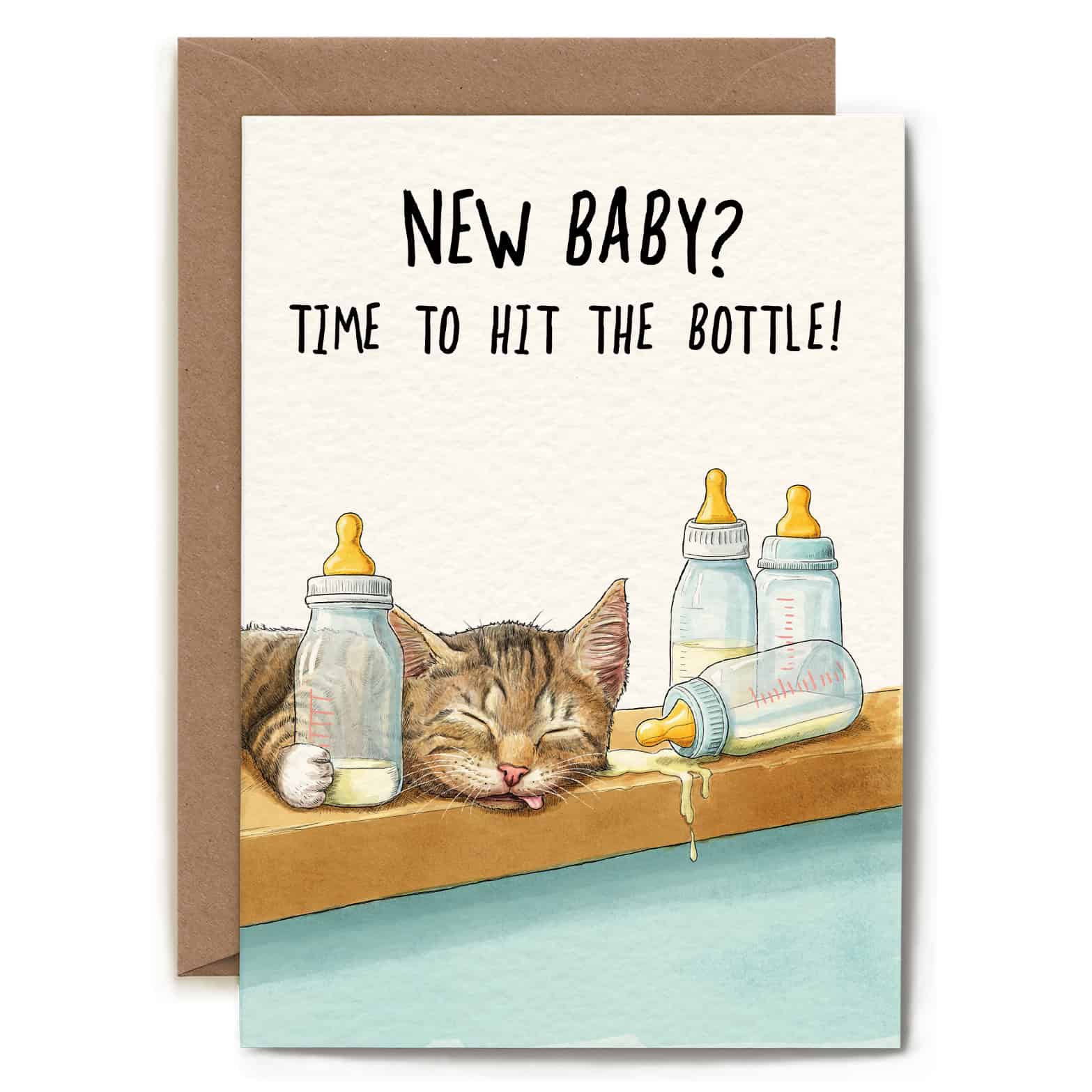 Card with a cat and baby bottles illustration and text 'New baby? Time to hit the bottle!'