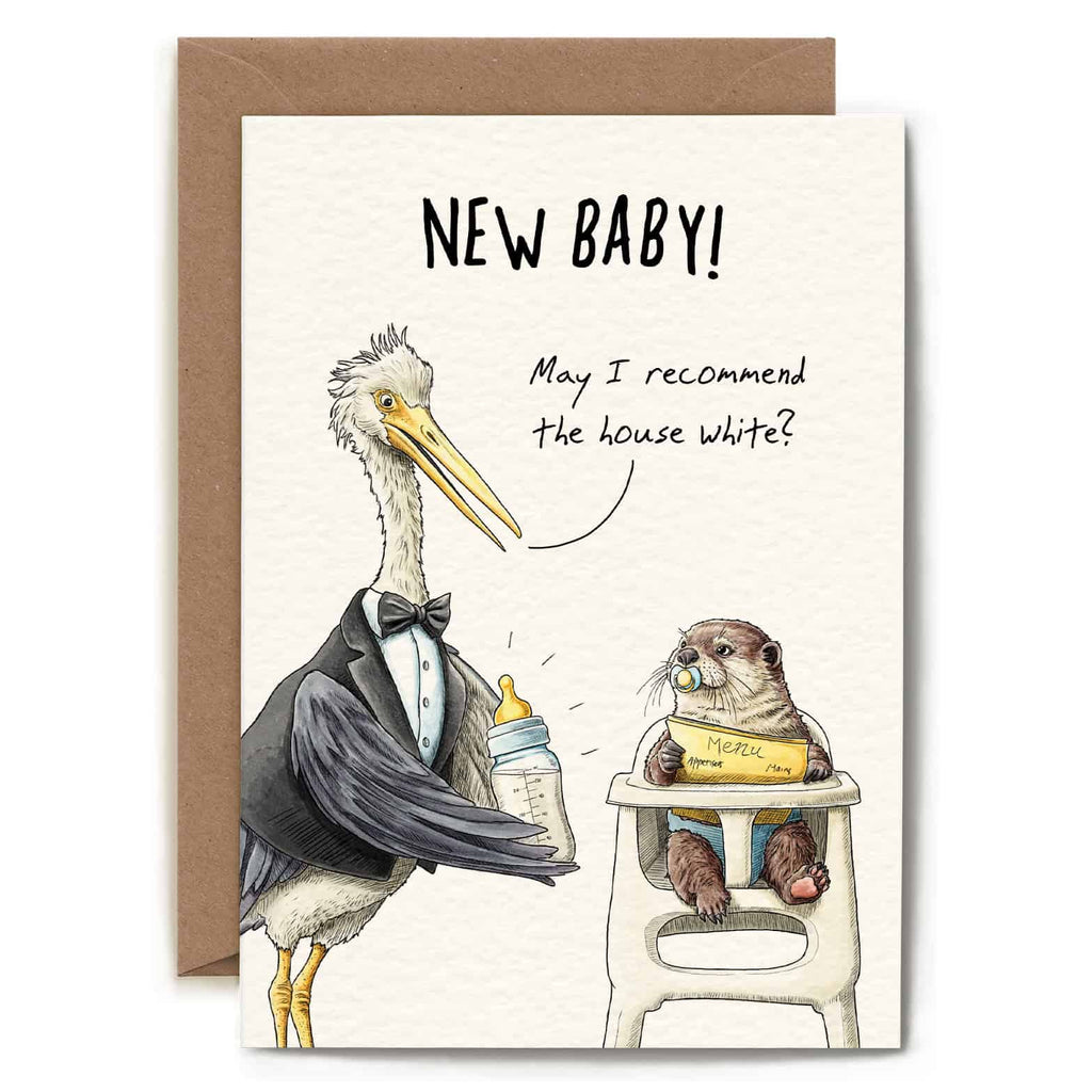 Greeting card with illustration of a pelican and a baby otter, featuring the text 'New Baby! May I recommend the house white?'.
