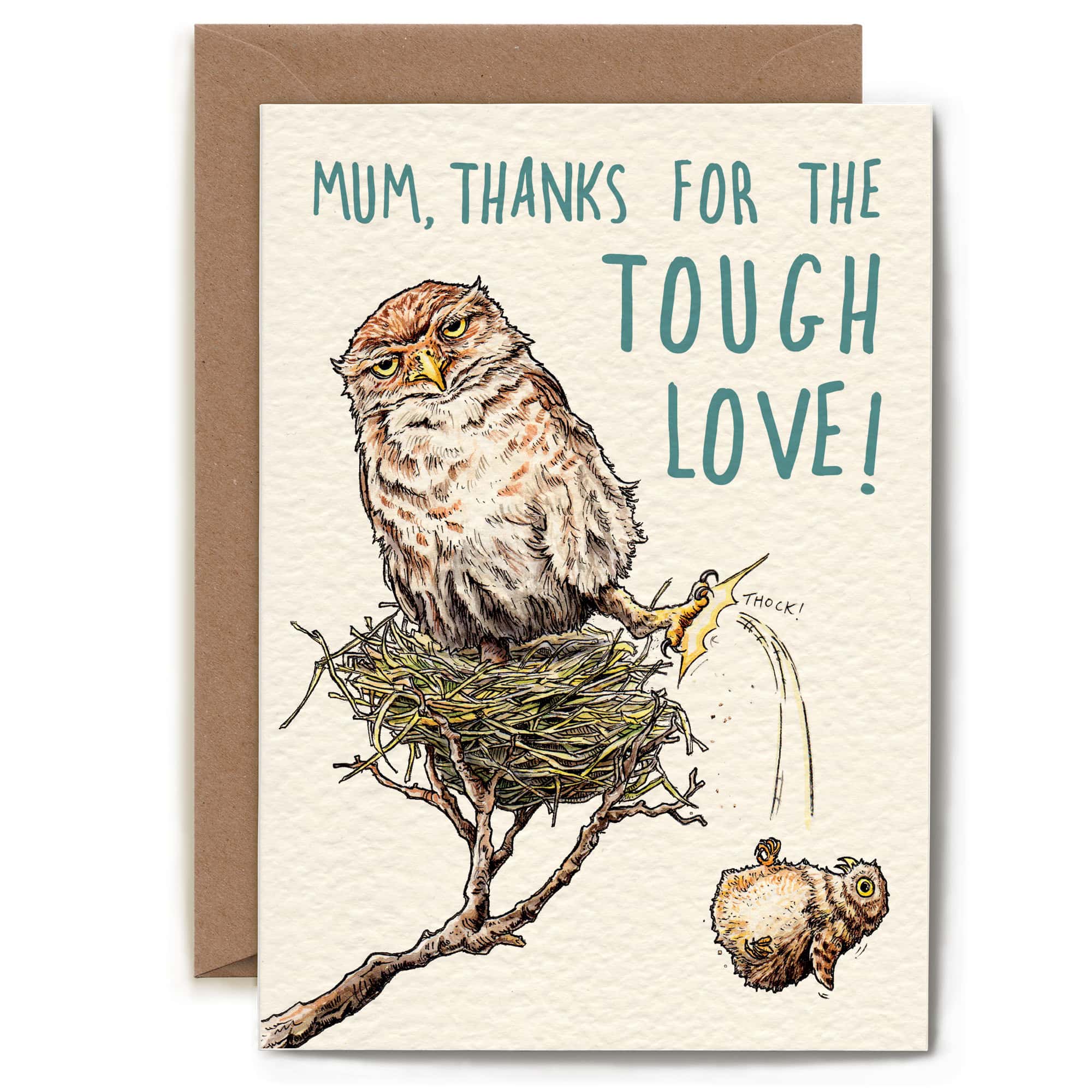 Card with an owl illustration and text 'Mum, thanks for the tough love!' on a beige background.