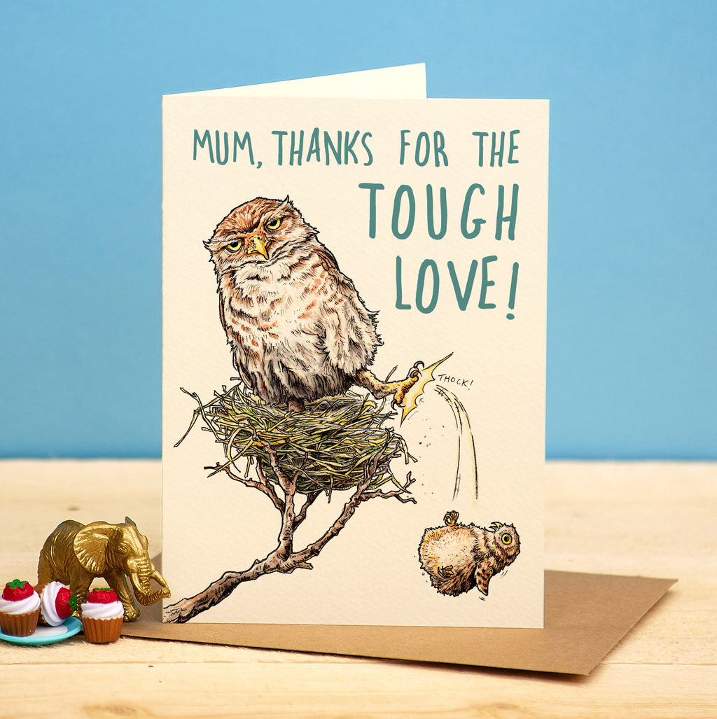 Greeting card with owl illustration and text on a wooden surface with decorative items.