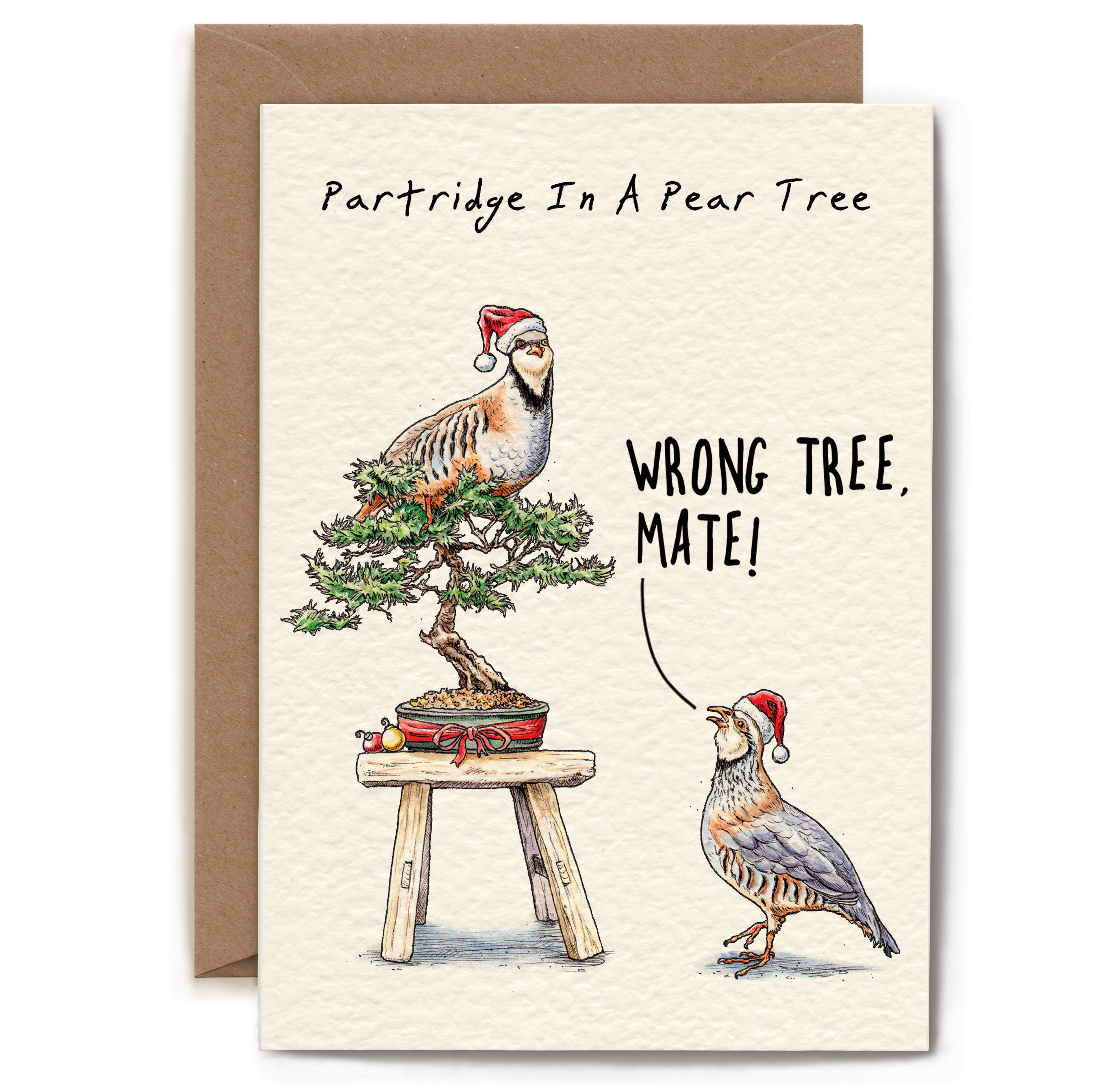 Christmas card with partridge illustration and humorous text on a beige background
