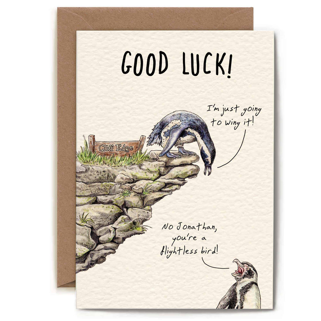 Greeting card with penguin illustration and humorous text on a beige background