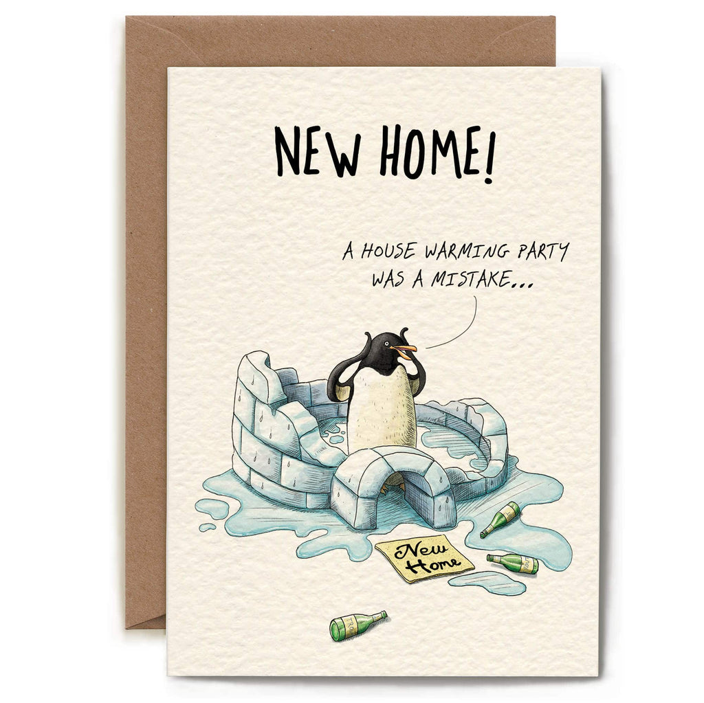 Greeting card with a penguin in an ice block and text about a new home and housewarming party on a beige background.