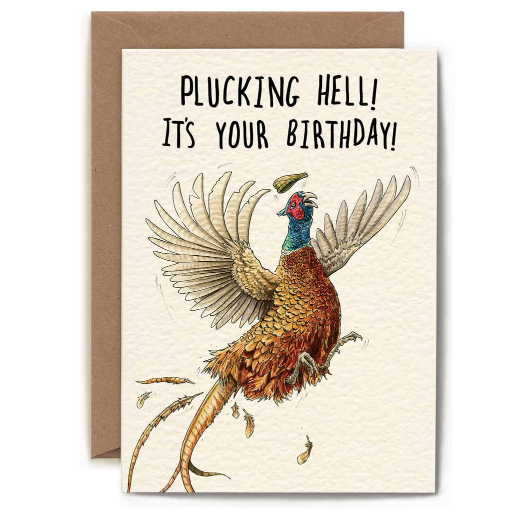 Birthday card with a pheasant illustration and humorous text on a beige background.