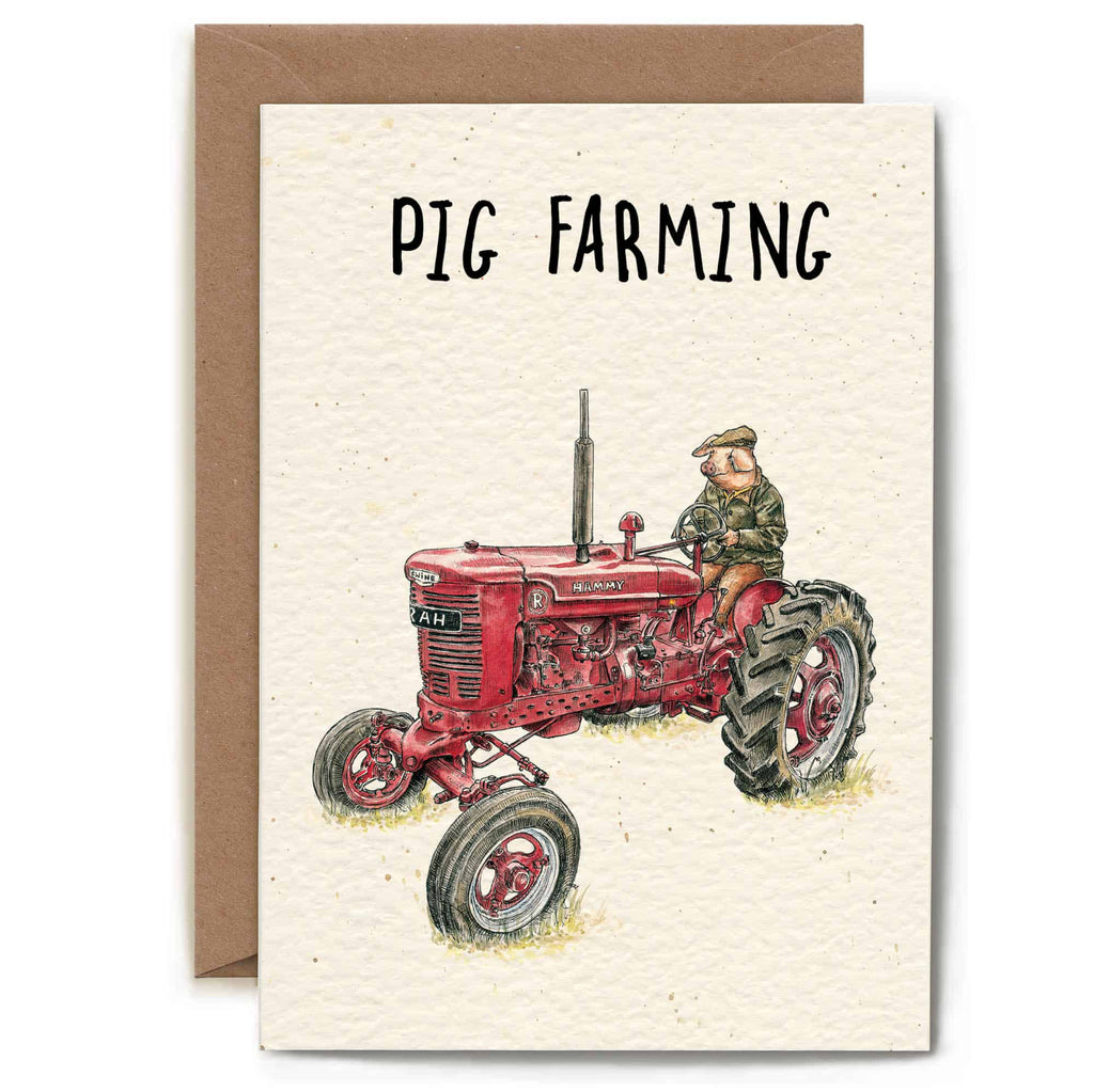 Card with a red tractor and farmer illustration, labeled 'Pig Farming', on a beige background.
