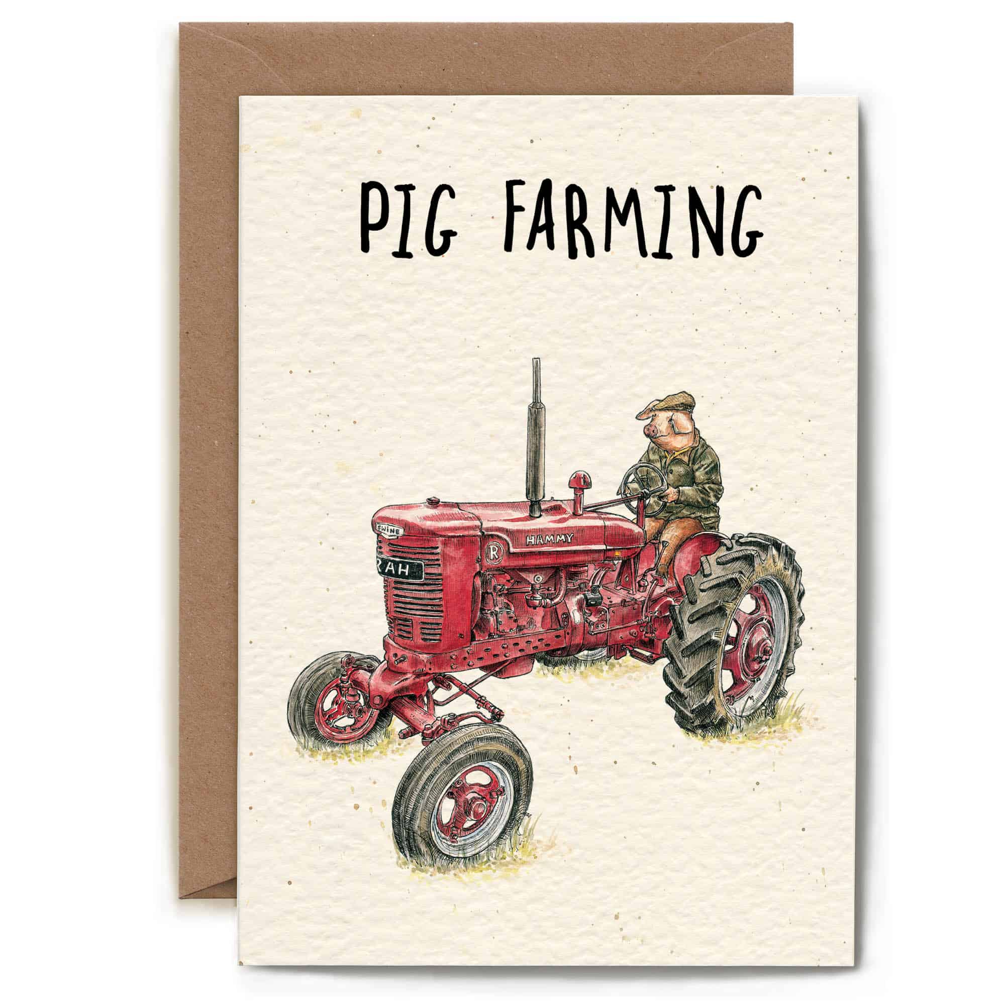 Card with a red tractor and farmer illustration, labeled 'Pig Farming', on a beige background.