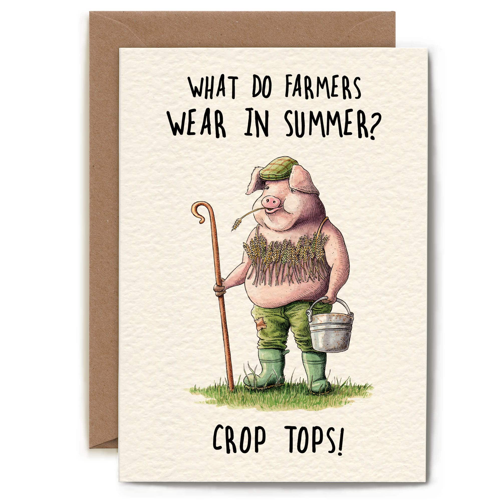 Card with a cartoon pig wearing a crop top and shorts, holding a bucket and walking stick, with text 'What do farmers wear in summer? Crop tops!'.