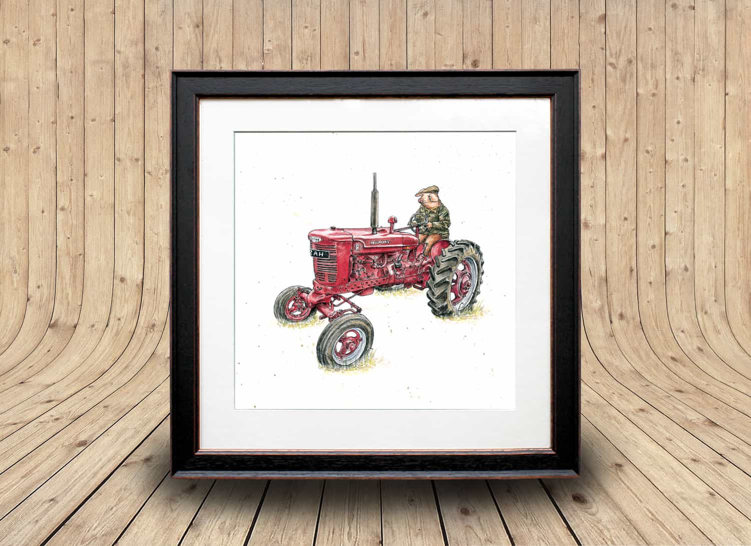 Print of a red vintage Massey Ferguson tractor being driven by a pig wearing a flat cap and a coat 