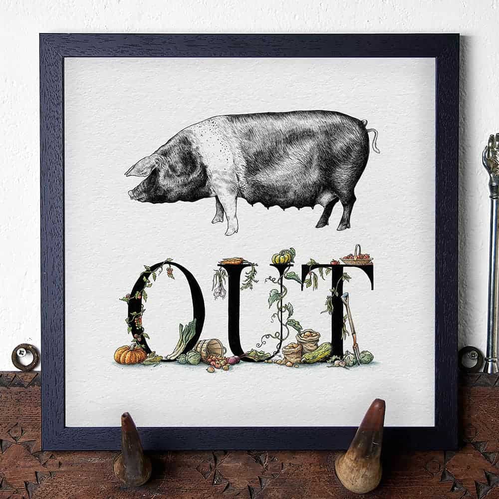 Artwork with a pig illustration and decorative text on a white background