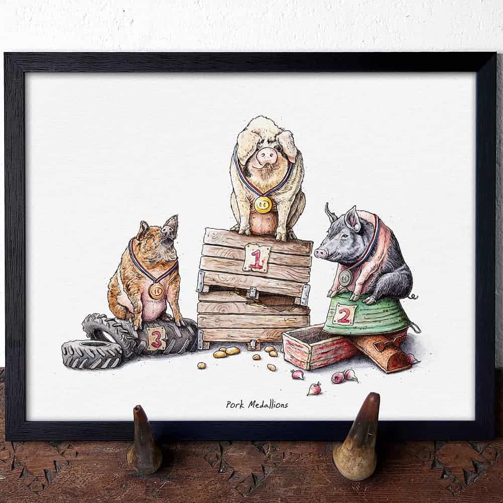 Framed illustration of three pigs with medals on stands with a white background