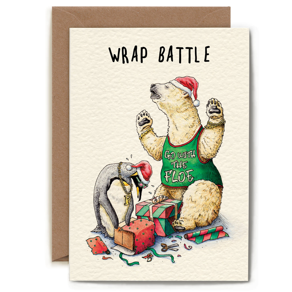 Card with illustration of a polar bear and penguin wrapping presents, titled 'Wrap Battle'.