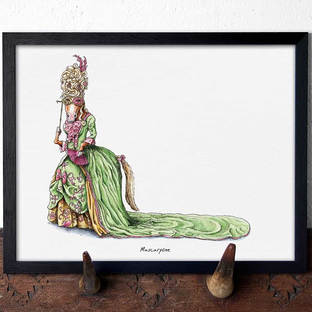 Illustration of a pony character in a green dress with decorative elements and a mask on a white background.