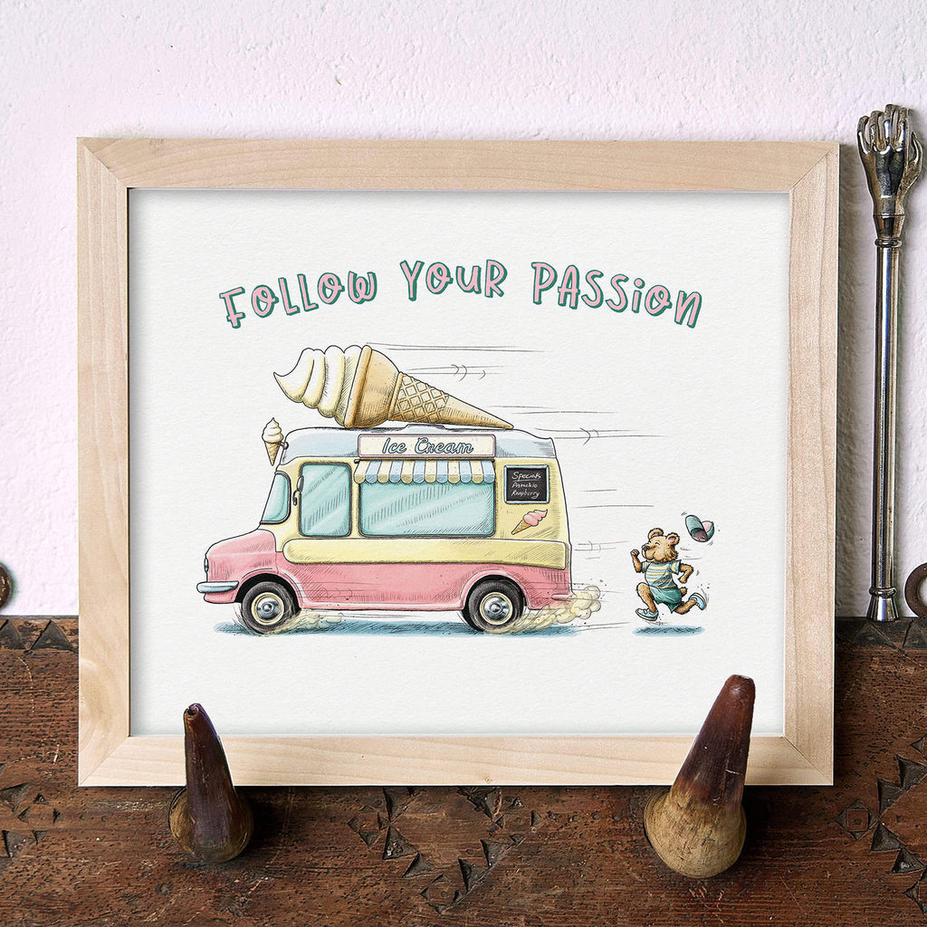 Illustration of an ice cream truck with a bear and text 'Follow Your Passion' on a wooden surface.