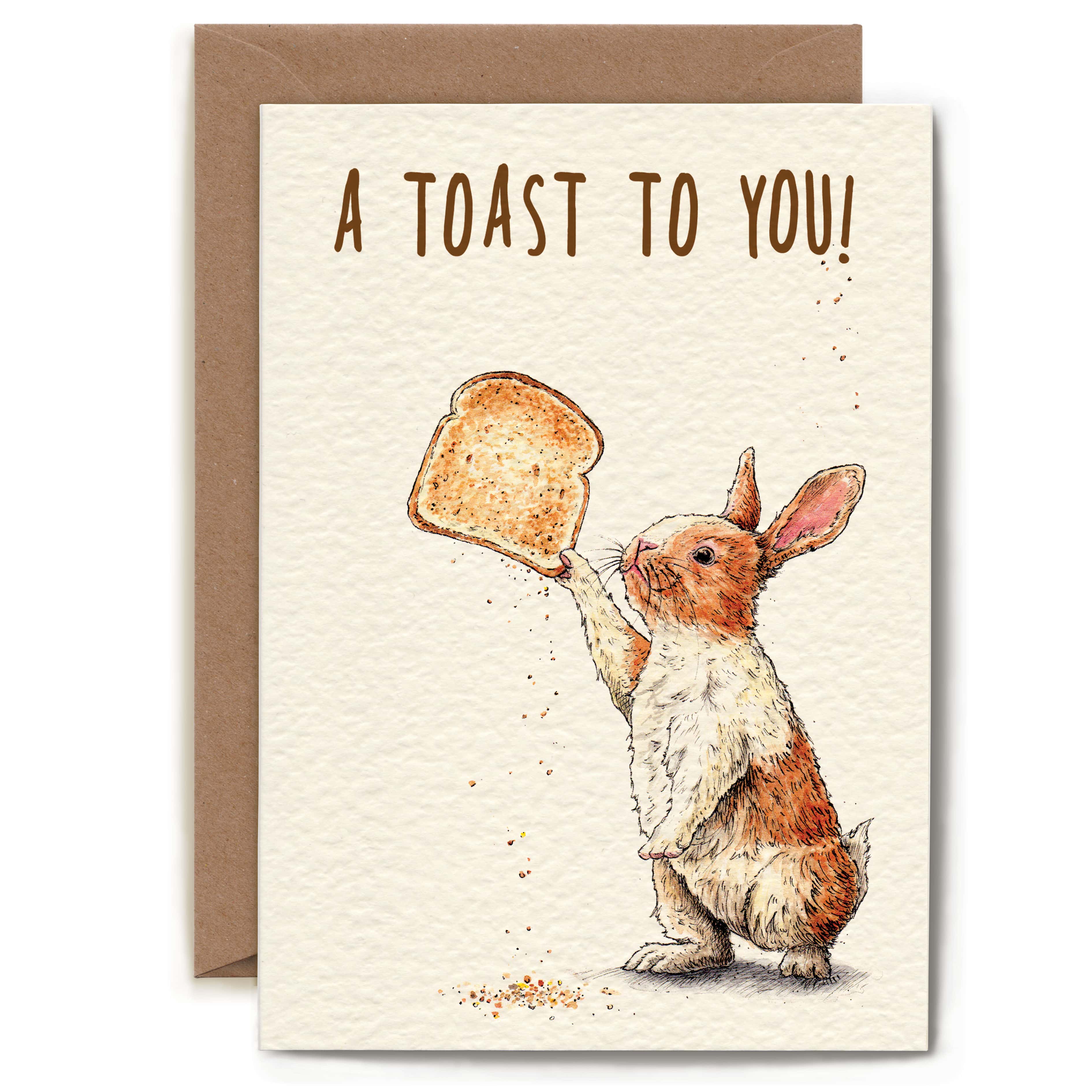 Greeting card with a rabbit holding a piece of toast and 'A Toast to You!' text.