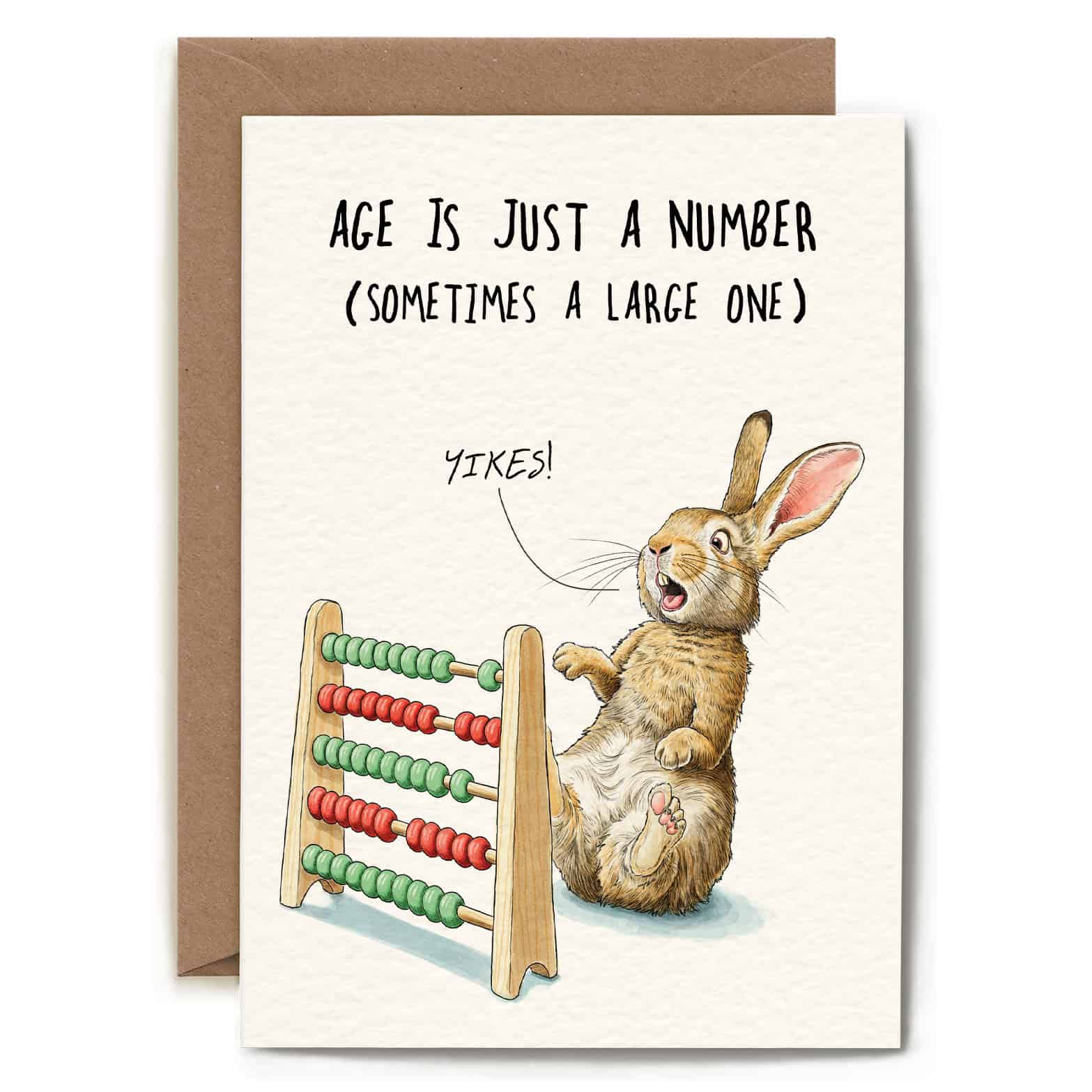 Greeting card with a rabbit and abacus illustration and humorous text.