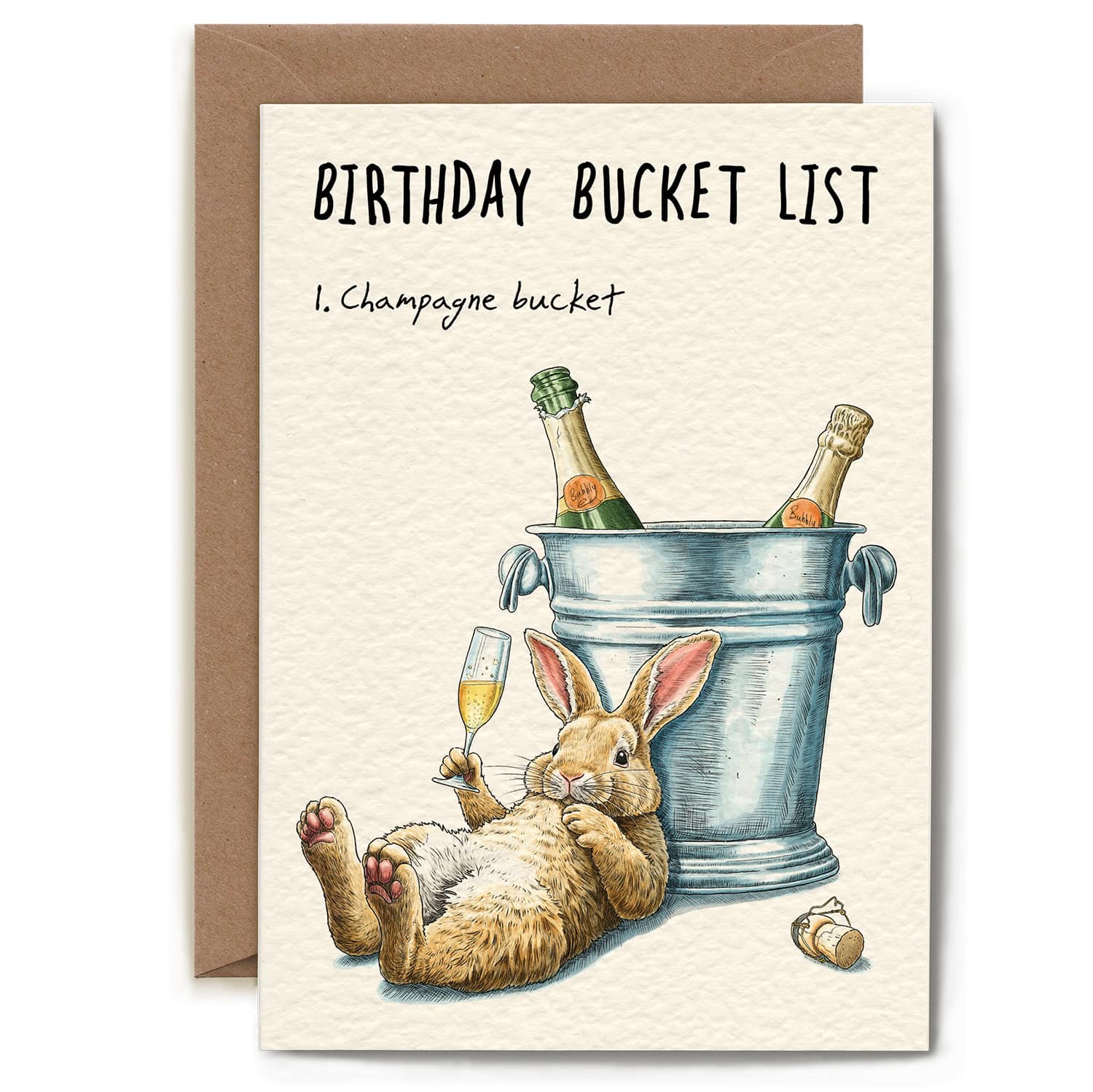 Birthday card with a rabbit and champagne bucket illustration and 'Birthday Bucket List' text.