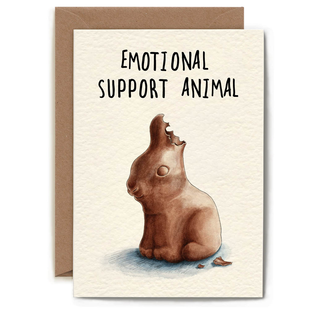 Greeting card with a chocolate bunny illustration and 'Emotional Support Animal' text on a beige background.