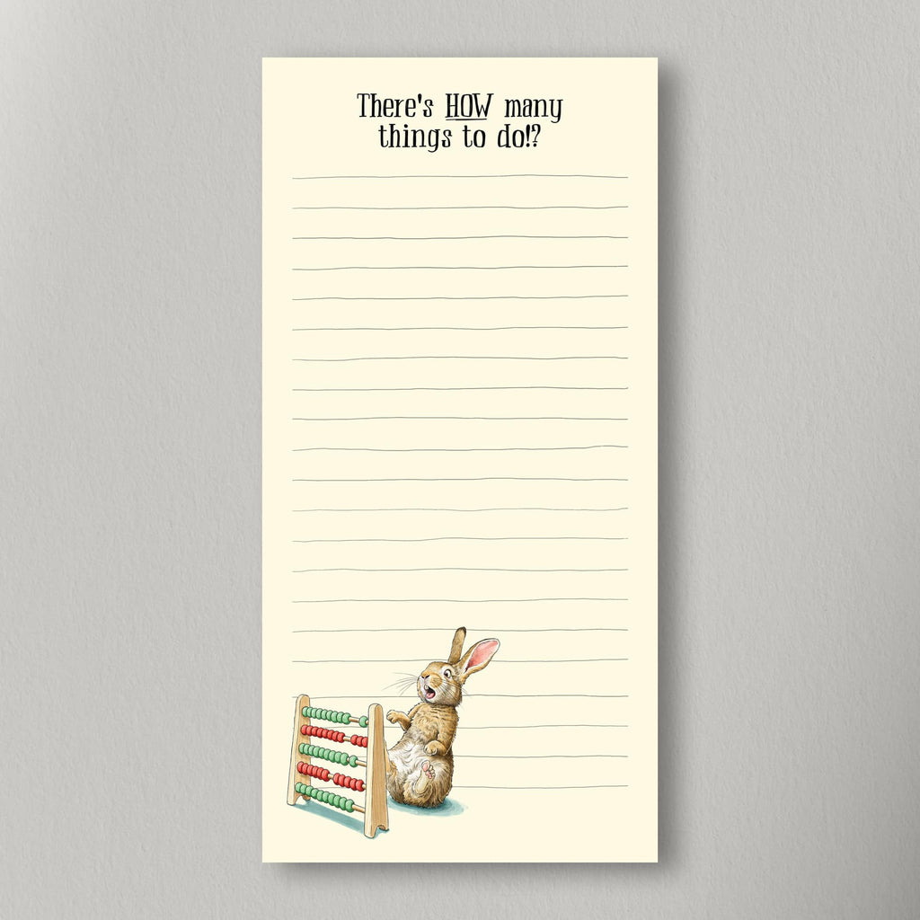 Notepad with a rabbit and abacus illustration on a gray background