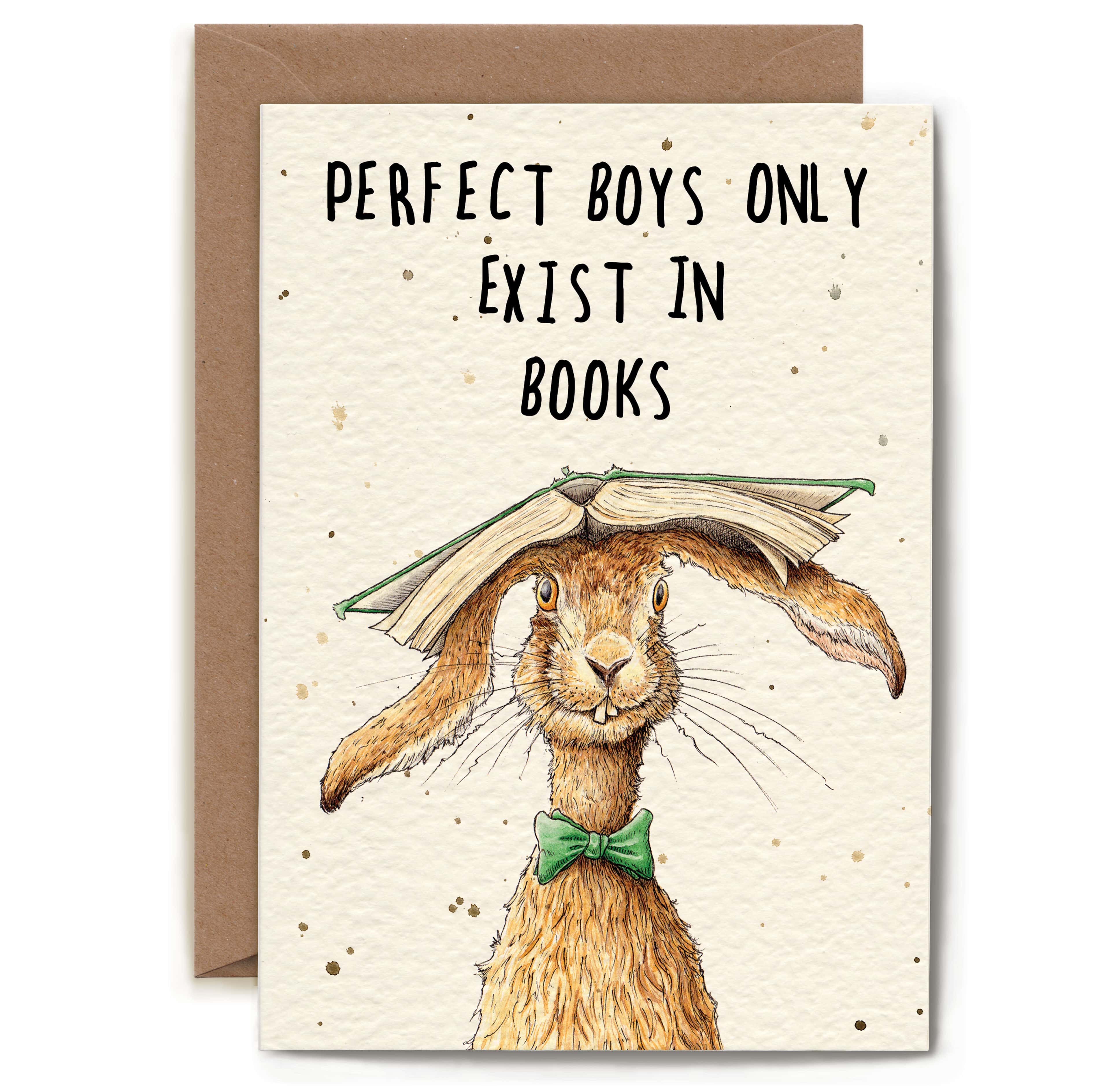 Card with a rabbit illustration and text 'Perfect boys only exist in books' on a white background.