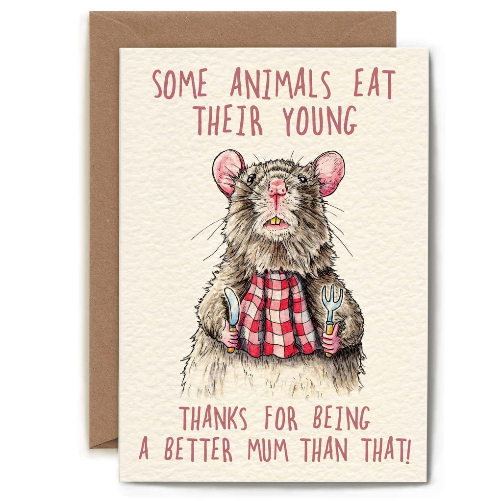 Card with a illustration of a rat wearing a plaid shirt and tools, with humorous text.