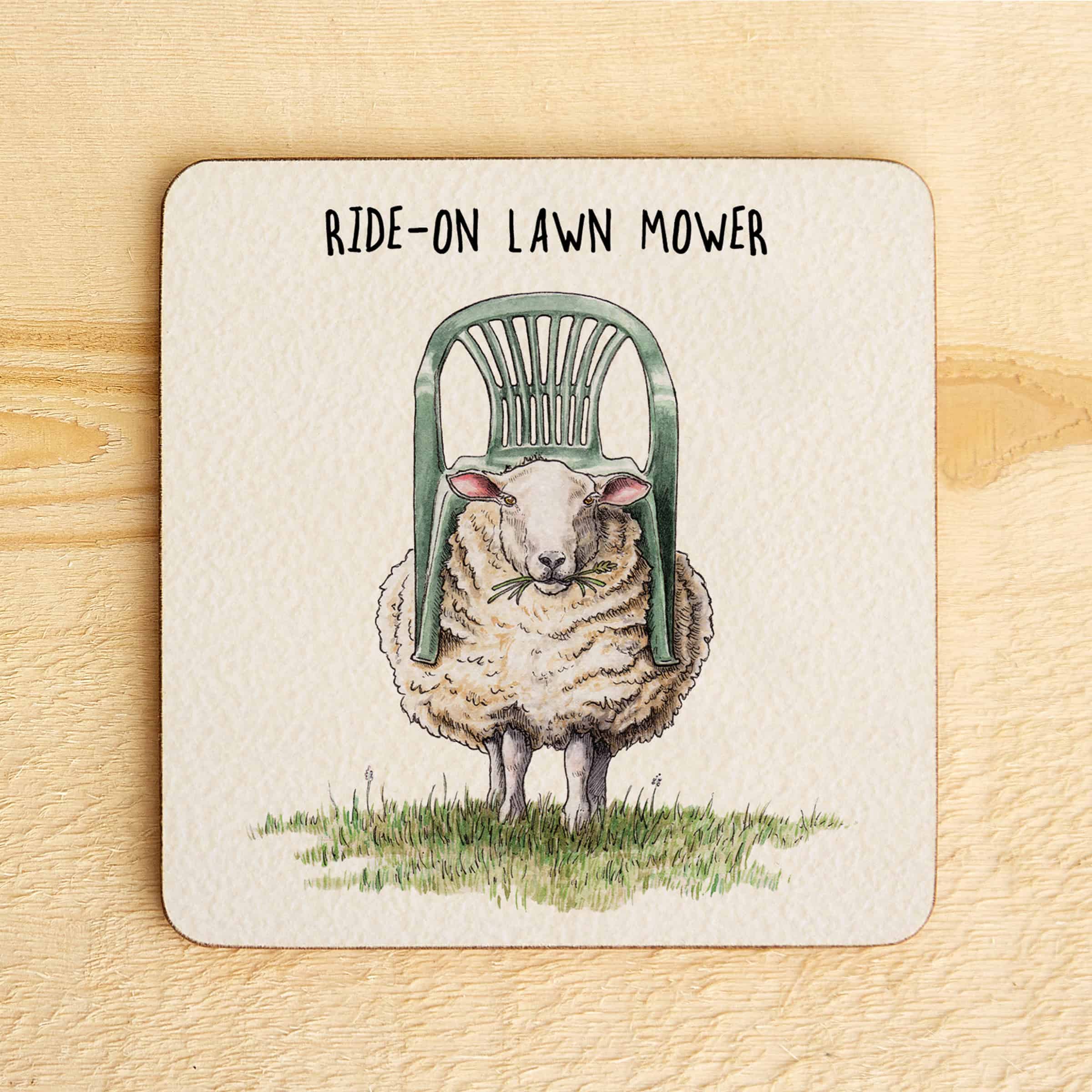 Coaster with a sheep holding a green chair as a ride-on lawn mower on a wooden surface