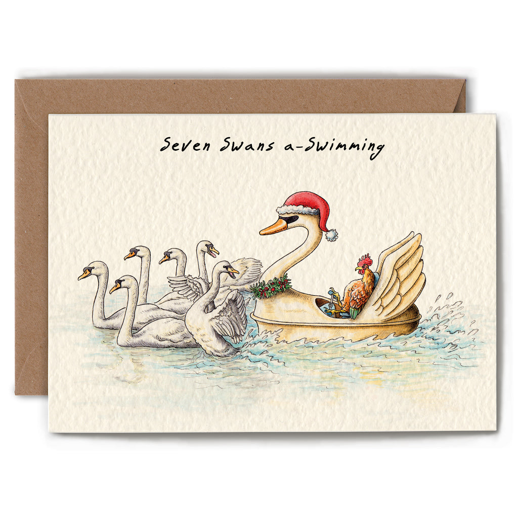 Card with swans and a rooster in a boat, wearing a Santa hat, on a white background.
