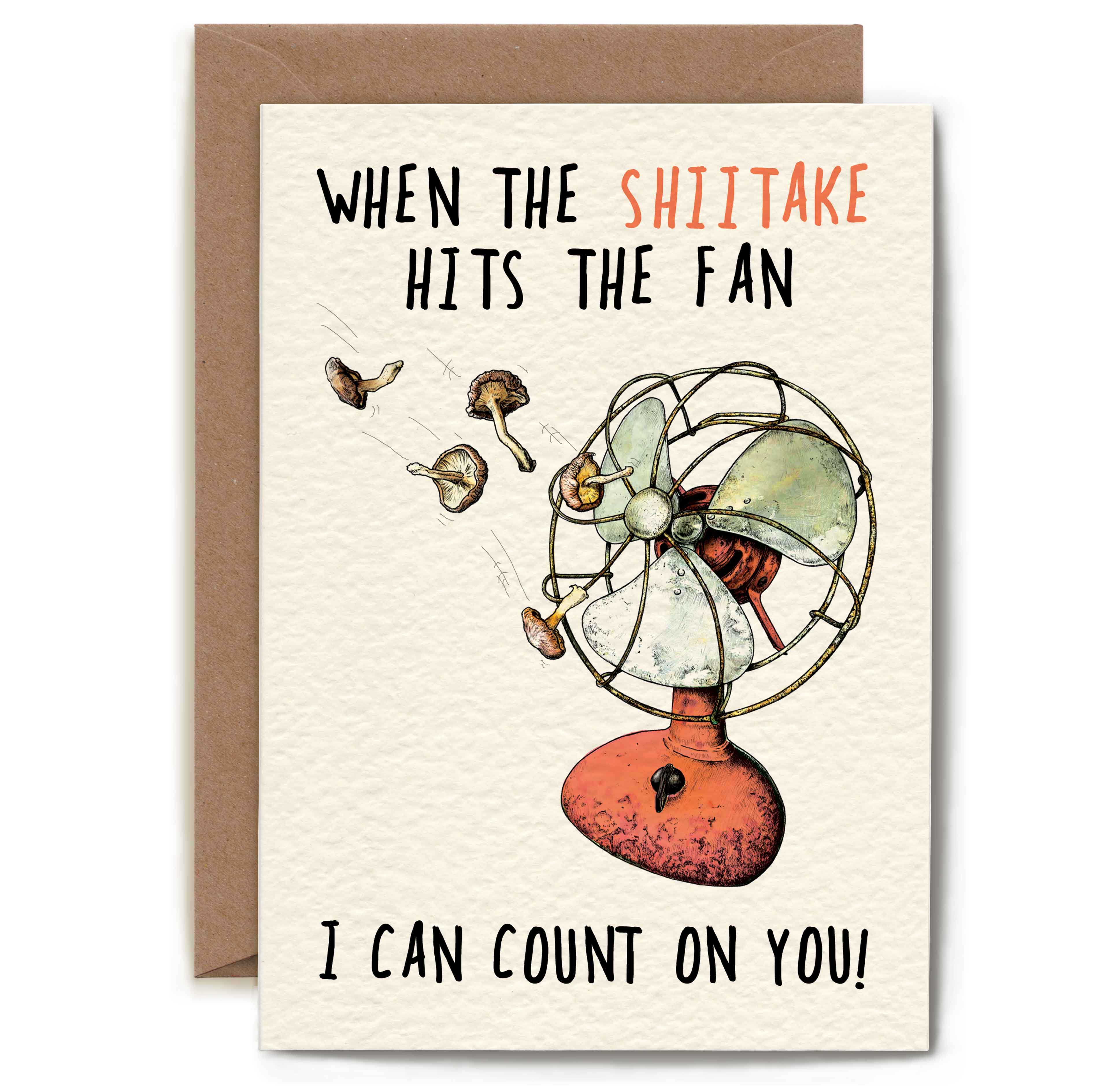 Greeting card with a vintage-style fan illustration and humorous text on a beige background.
