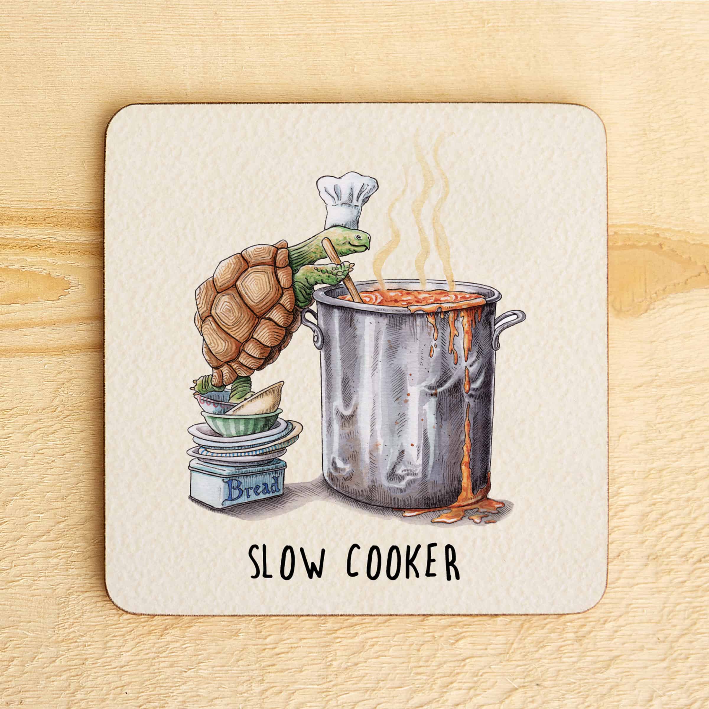 Illustration of a slow cooker with a tortoise pouring bread into it, on a wooden surface.