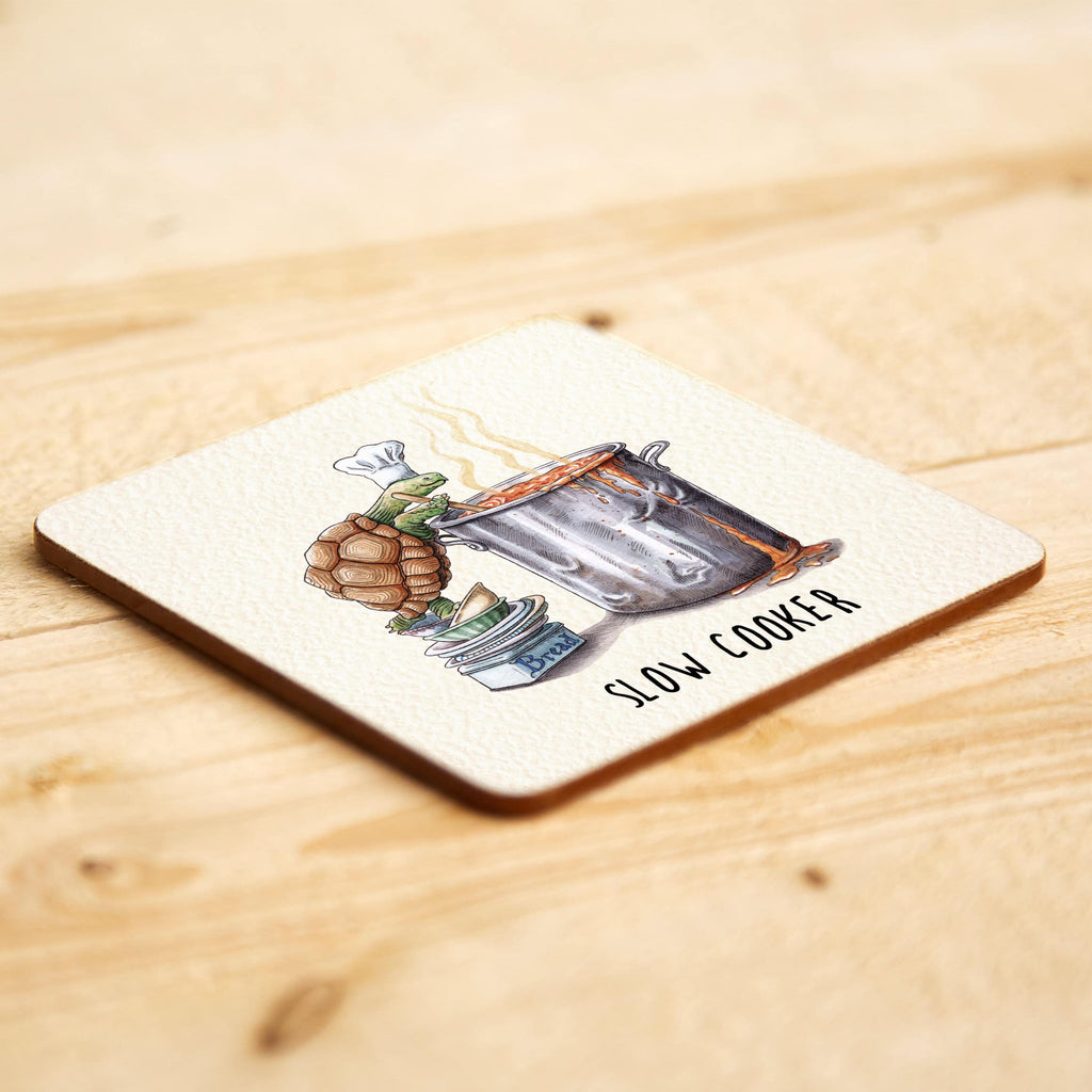 Coaster with a slow cooker illustration on a wooden surface