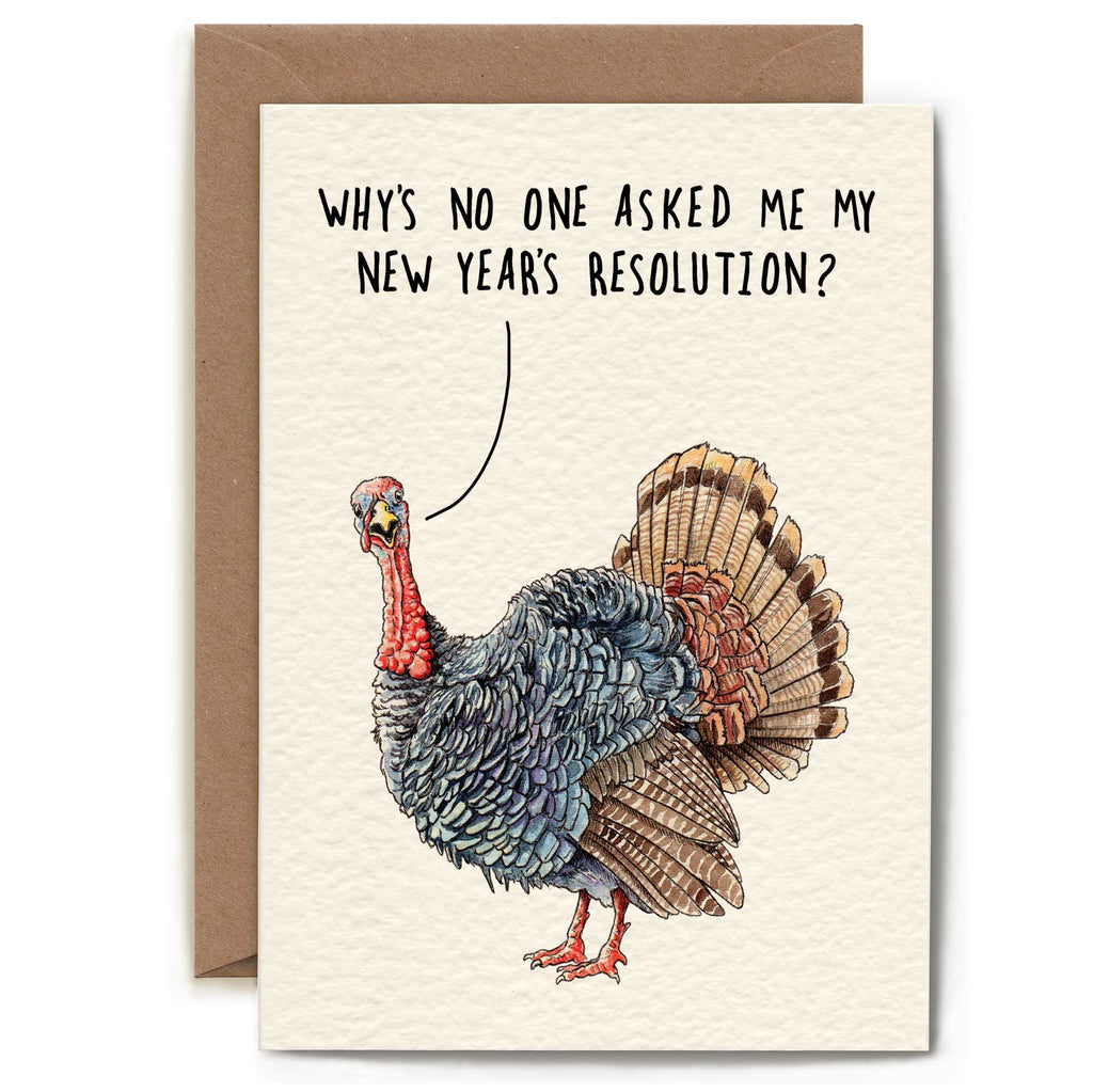 Card with a turkey illustration and text about New Year's resolution on a beige background.