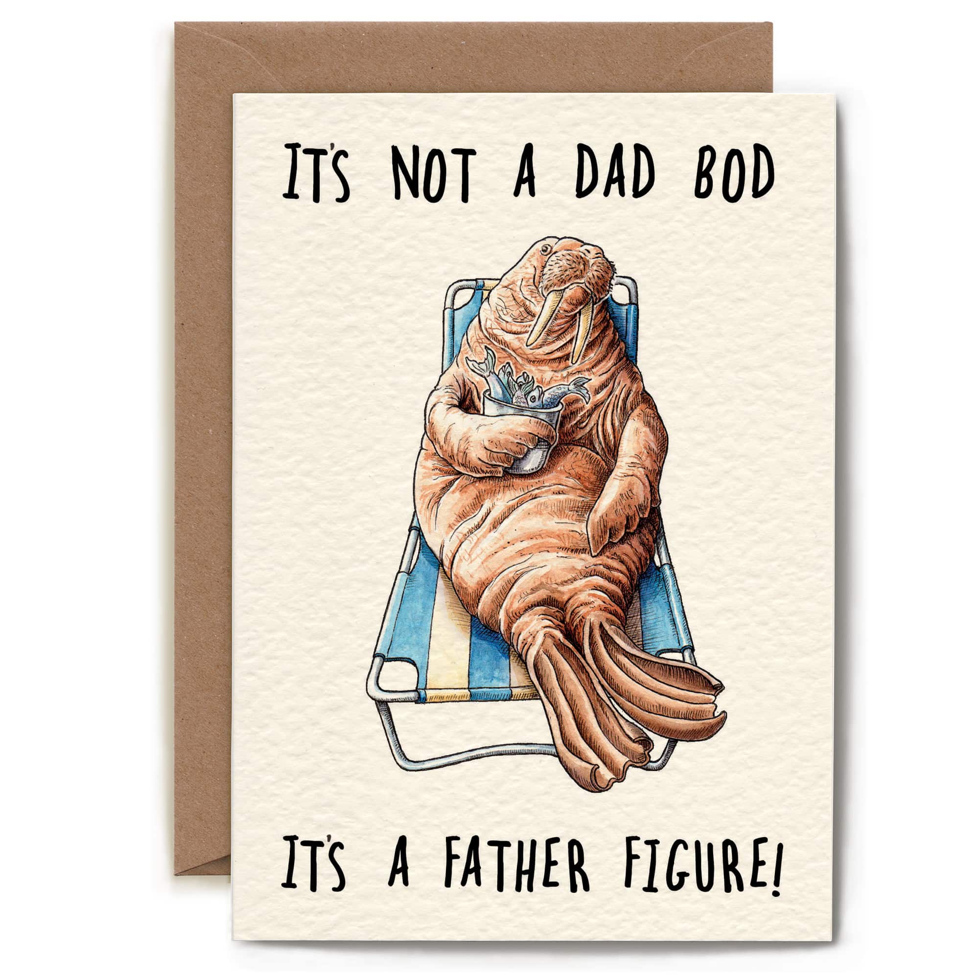 Card with walrus illustration and humorous text about a 'father figure'.