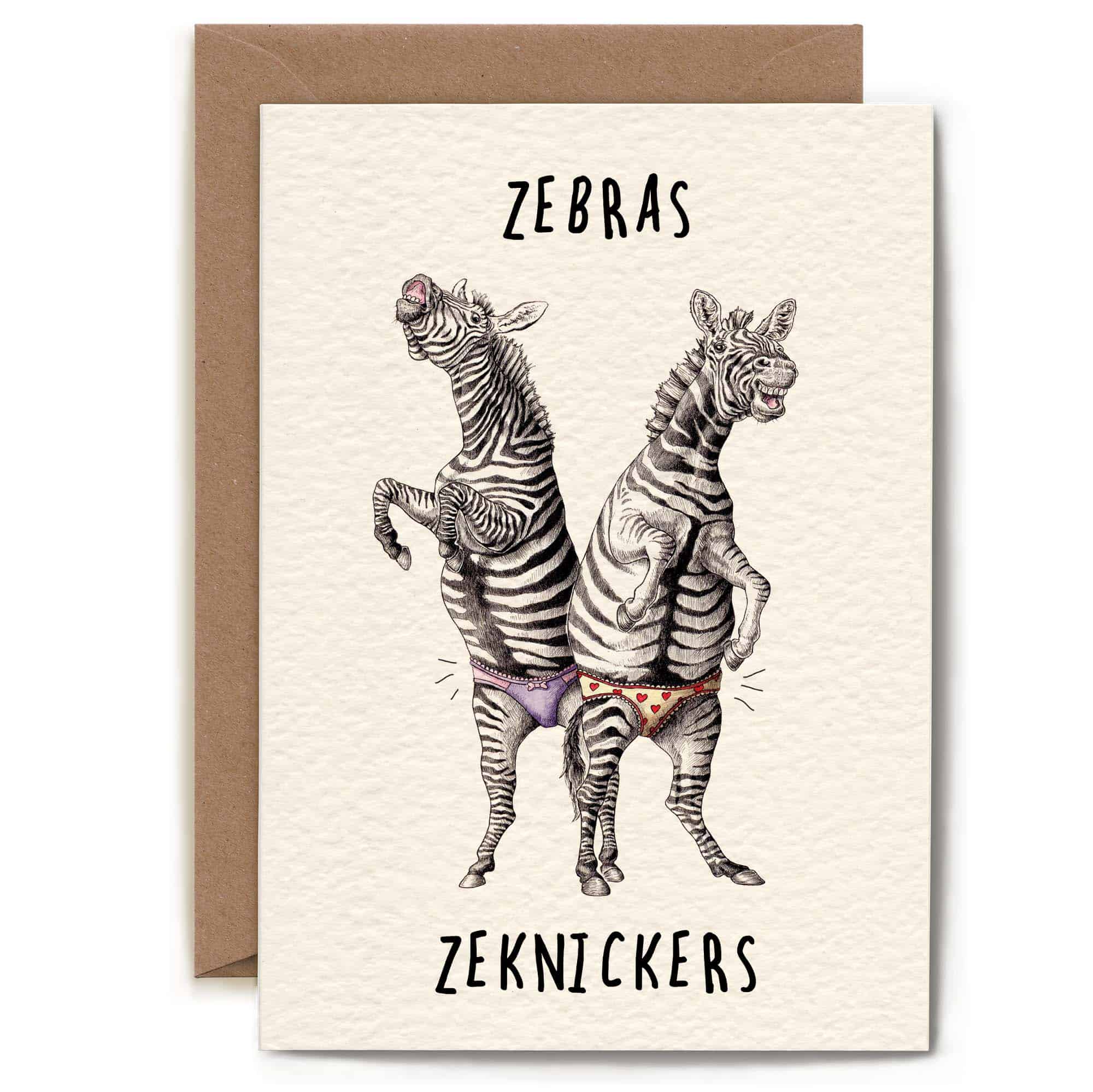 Greeting card with two zebras wearing underwear and the text 'Zebras Zeknickers' on a beige background.