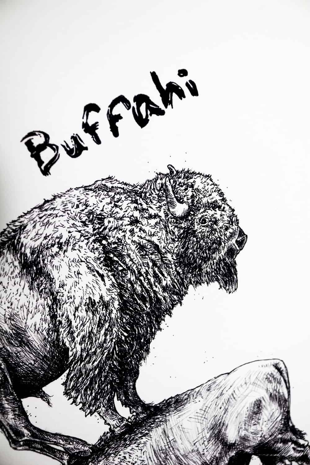 Black and white text reading “Buffalo” beside a highly detailed back and white drawing of a buffalo