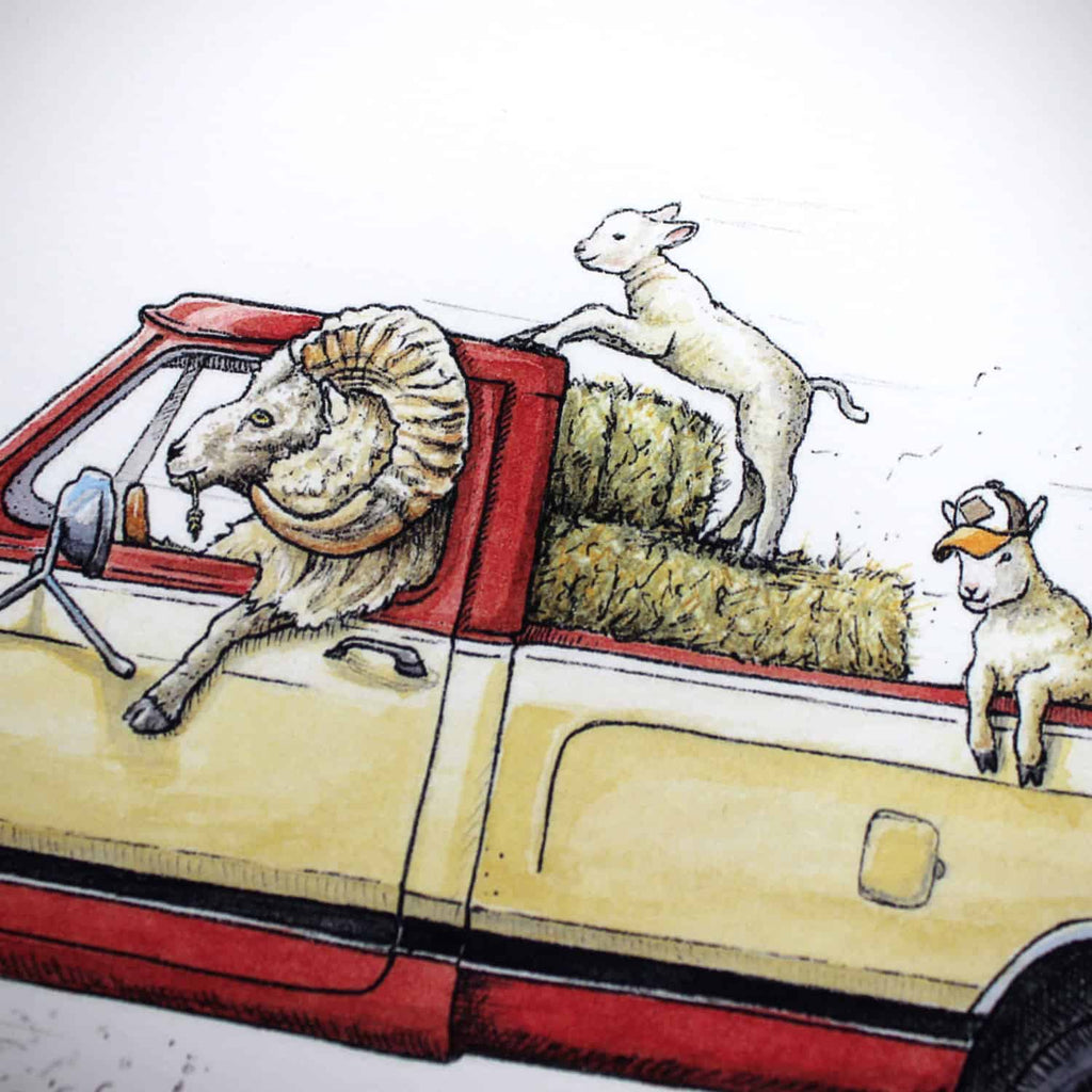 Painting of a ram in the driver’s seat of a yellow and red truck with two lambs in the back on top of straw bales