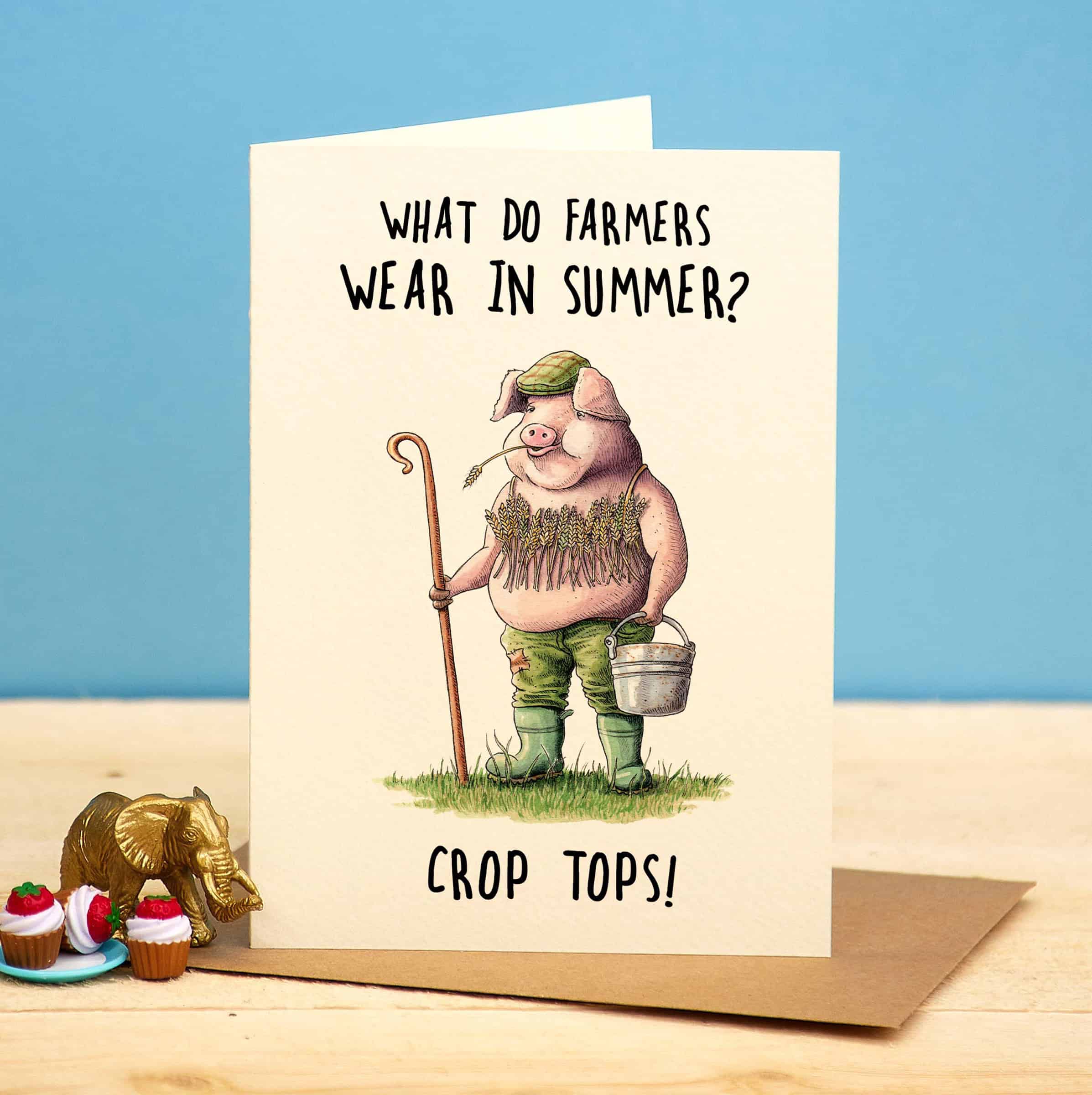 Card with cartoon pig wearing a crop top and shorts, holding a cane and bucket, with text 'What do farmers wear in summer? Crop tops!' on a blue background.